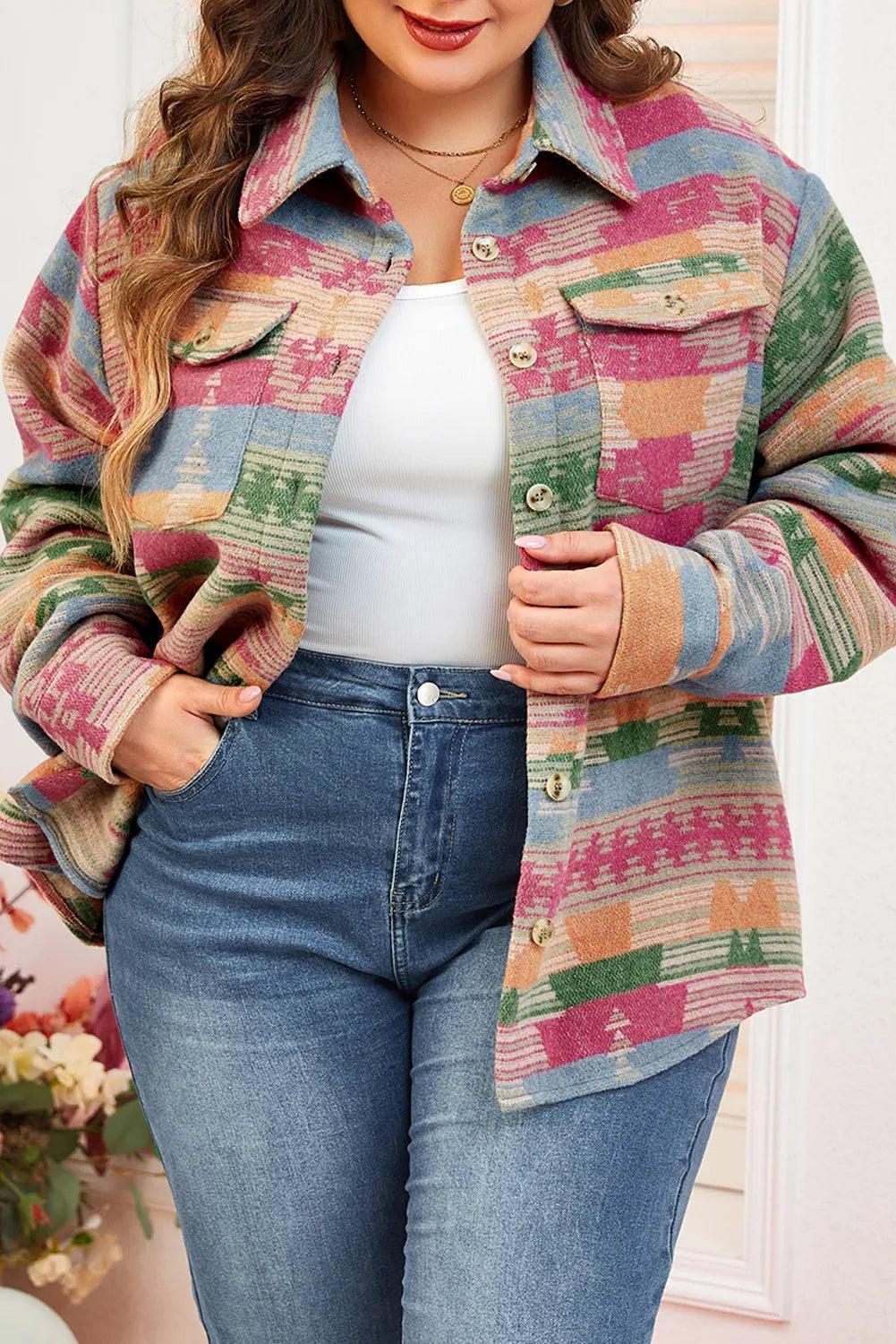 Plus Size Pocketed Printed Collared Neck Jacket - ClubOn