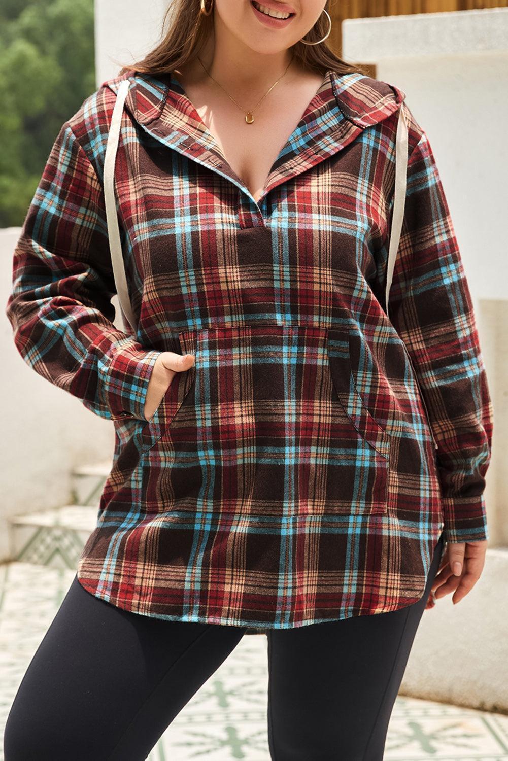 Plus Size Drawstring Plaid Quarter Button Hoodie - ClubOn