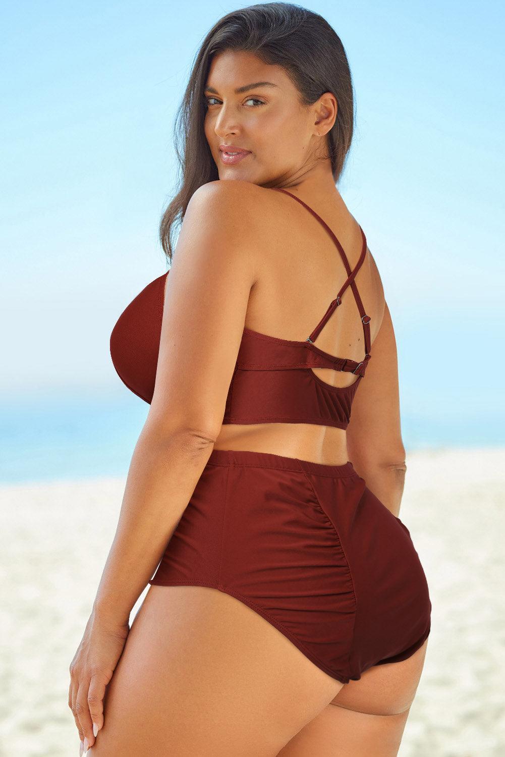 Full Size Halter Neck Crisscross Ruched Two-Piece Swimsuit - ClubOn