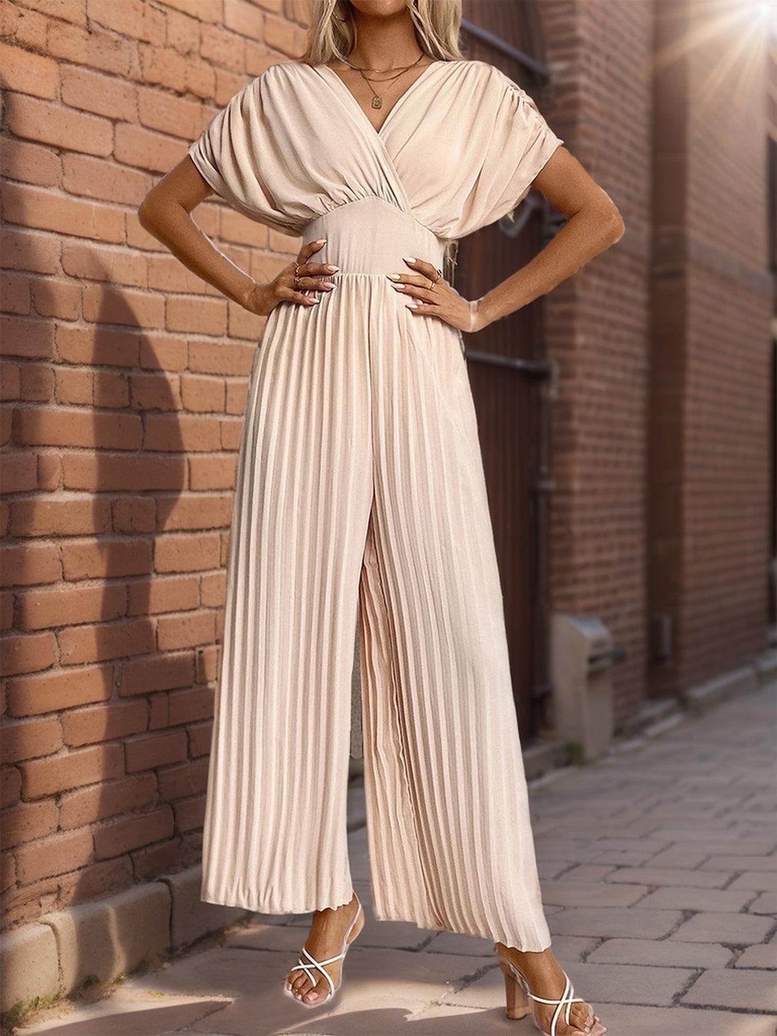 Perfee Pleated Short Sleeve Wide Leg Jumpsuit - ClubOn