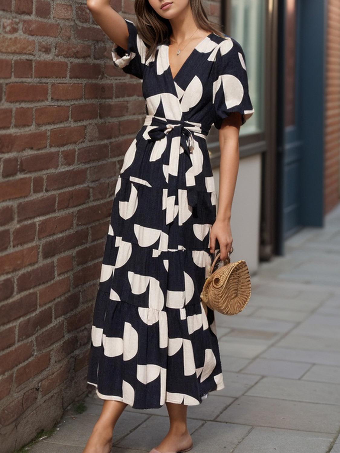 Tied Slit Printed Half Sleeve Midi Dress - ClubOn
