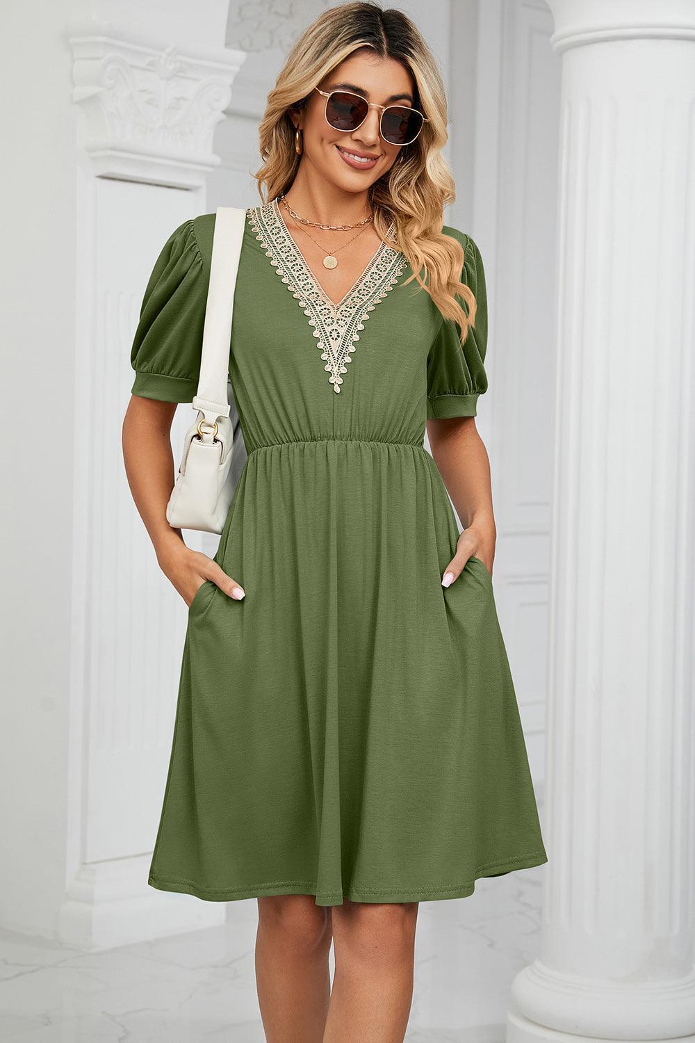V-Neck Puff Sleeve Dress - ClubOn