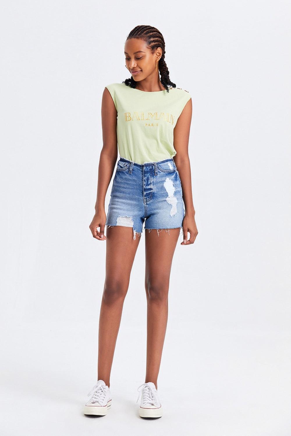 BAYEAS High Rise Bandless Denim Shorts - ClubOn