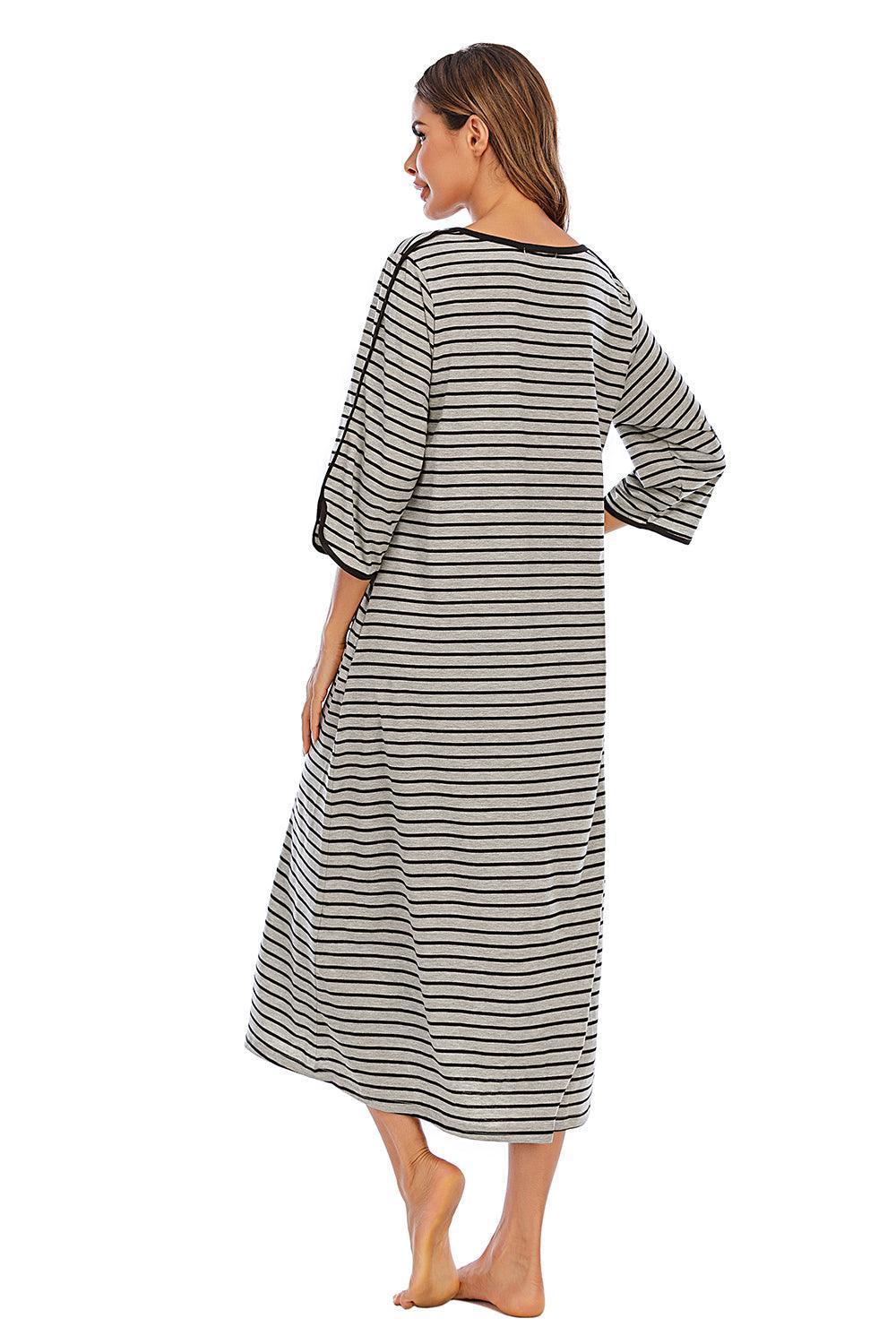 Round Neck Three-Quarter Sleeve Midi Night Dress - ClubOn