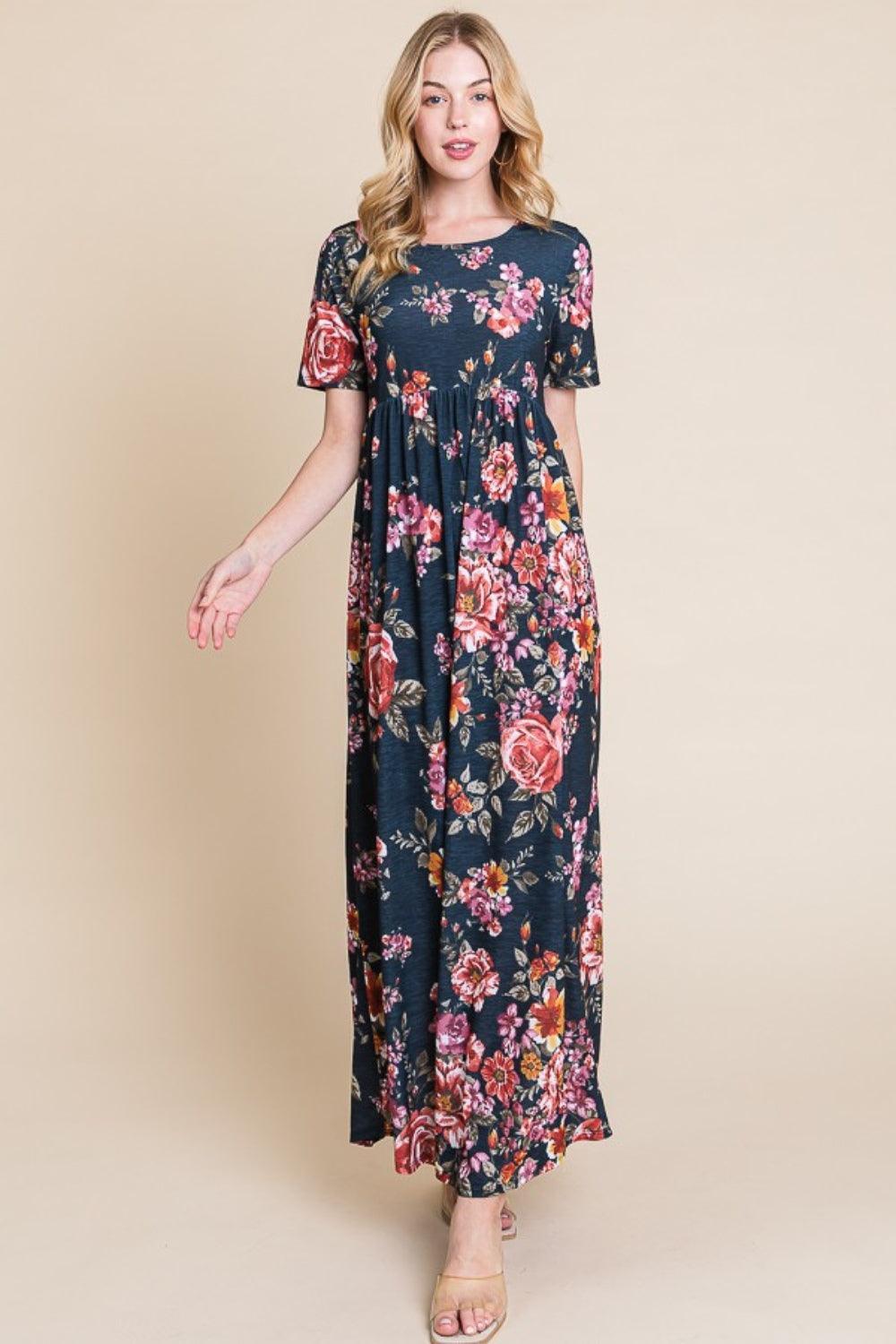 BOMBOM Floral Short Sleeve Maxi Dress - ClubOn