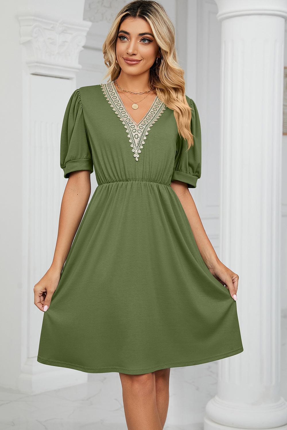 V-Neck Puff Sleeve Dress - ClubOn