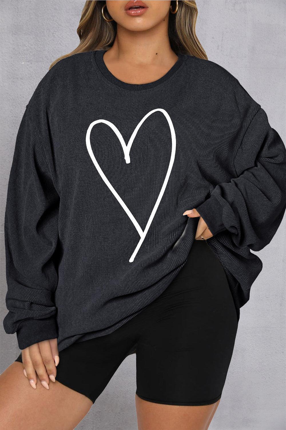 Plus Size Heart Ribbed Round Neck Sweatshirt - ClubOn