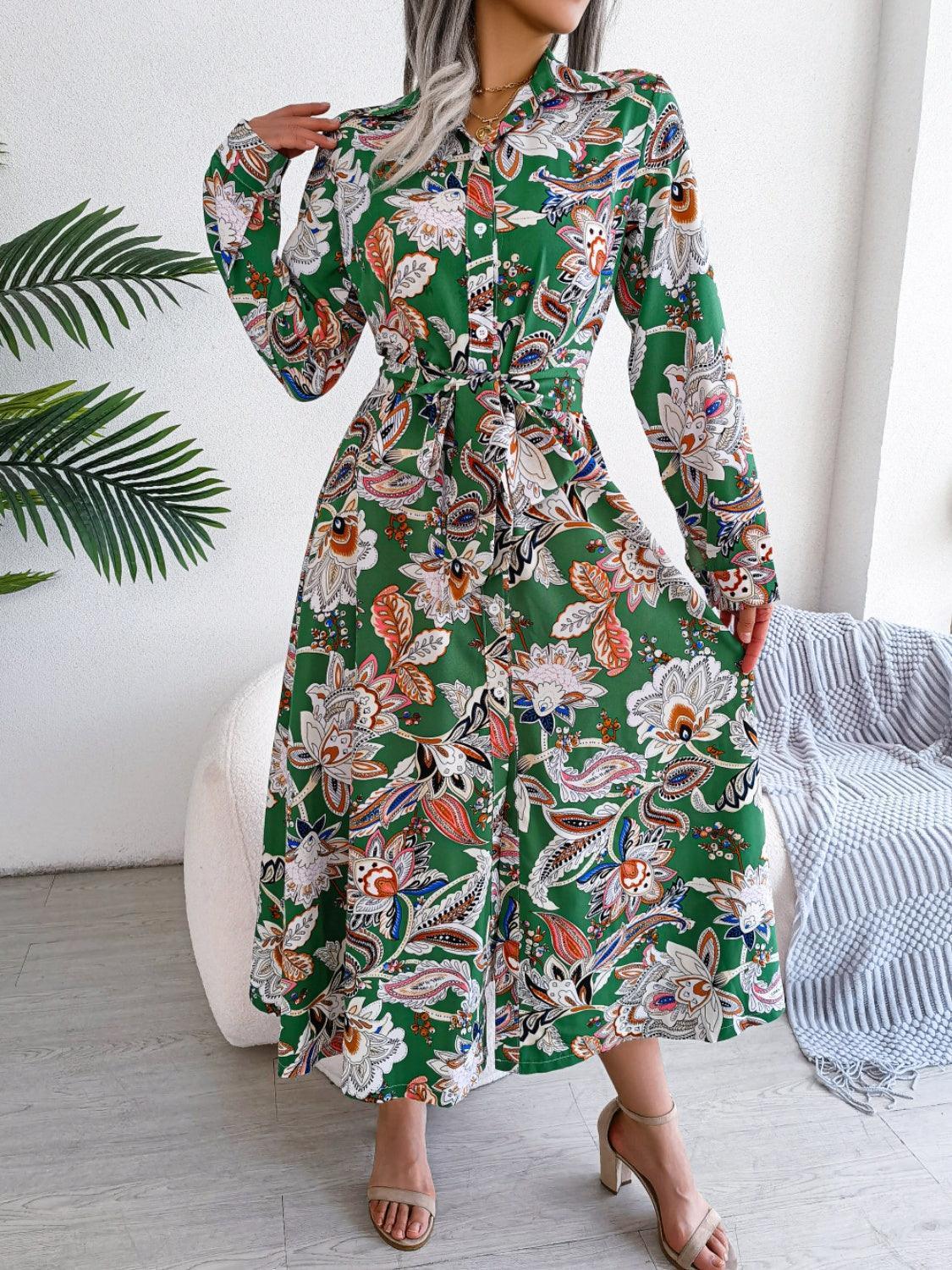 Tied Printed Long Sleeve Midi Dress - ClubOn