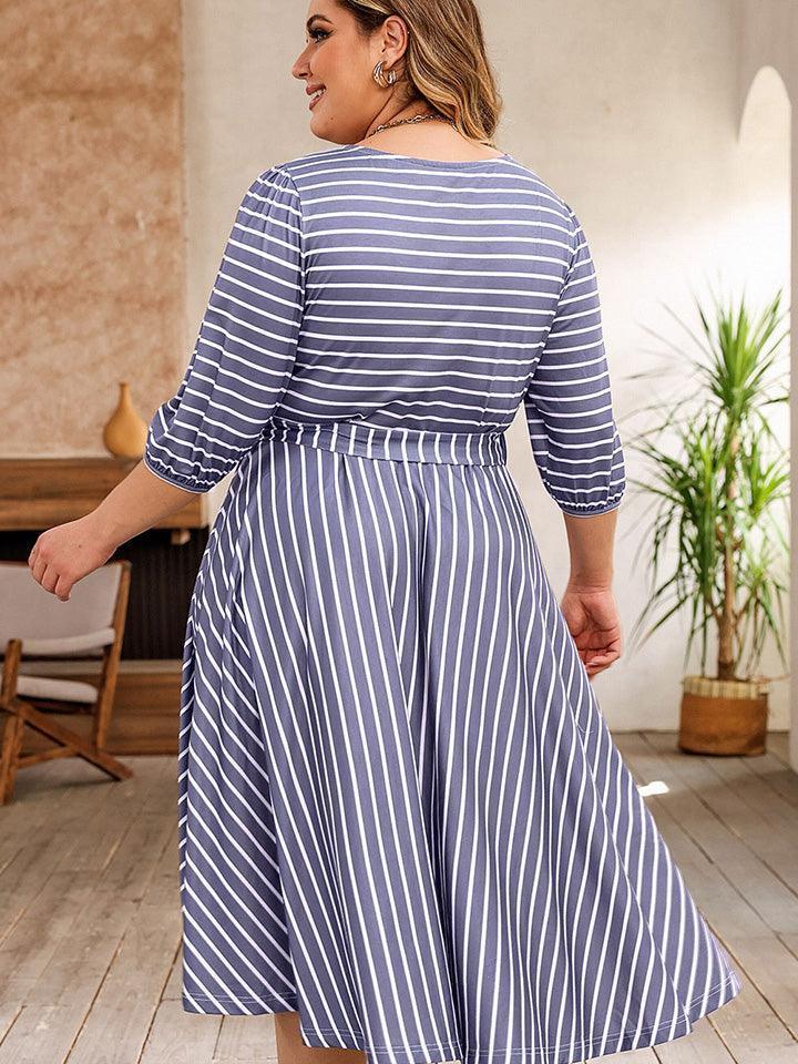 Plus Size Round Neck Striped Tie Waist Dress - ClubOn