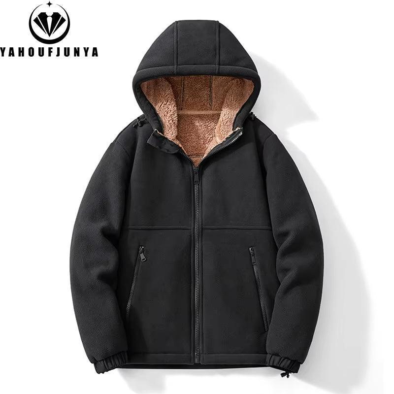 Men’s Winter Fleece Hooded Jacket – Solid Color Zipper Casual Coat - ClubOn