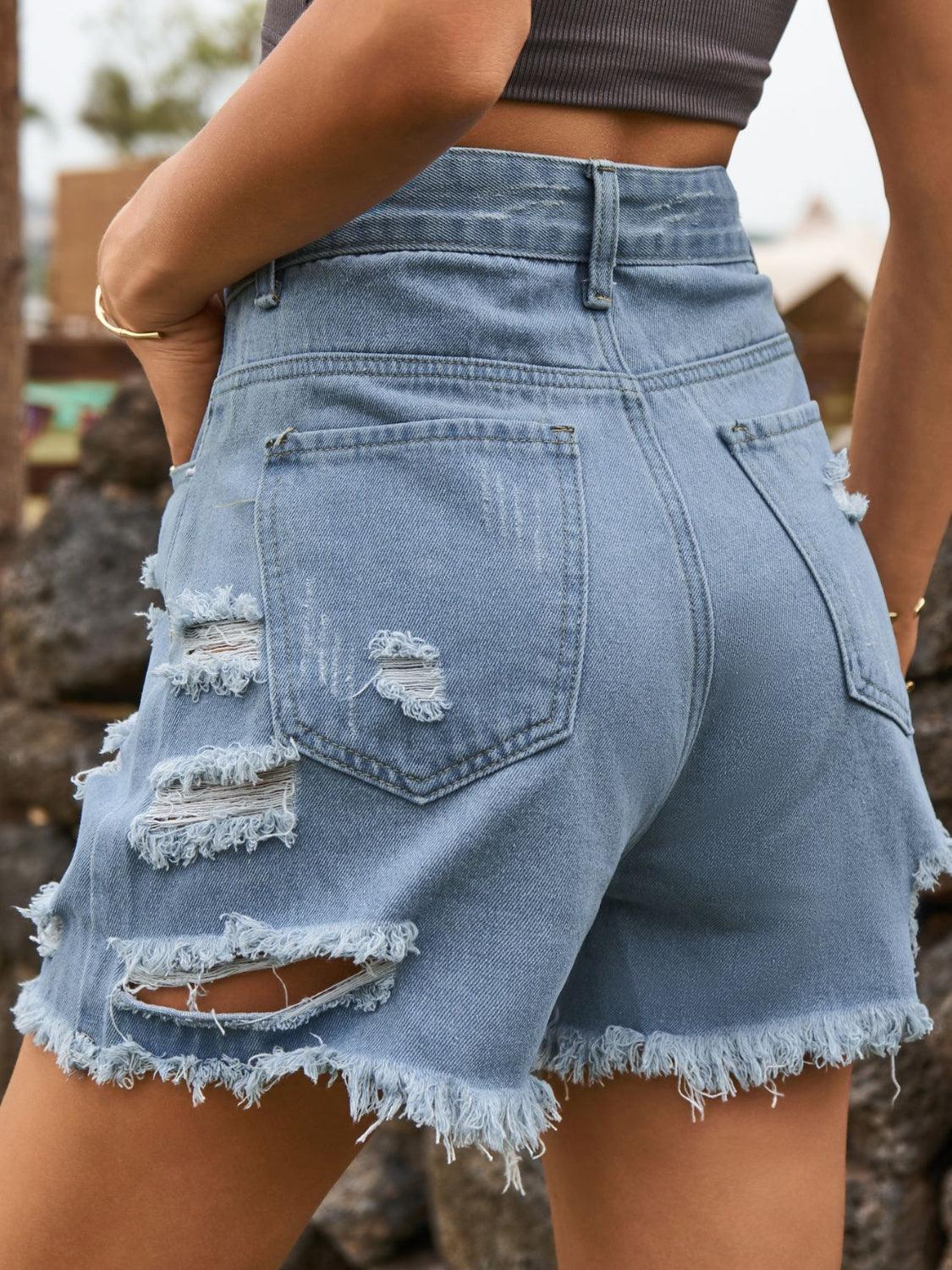 Distressed Raw Hem Denim Shorts - ClubOn