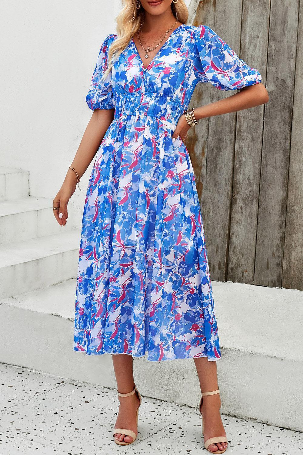 Devine Smocked Printed V-Neck Short Sleeve Dress - ClubOn