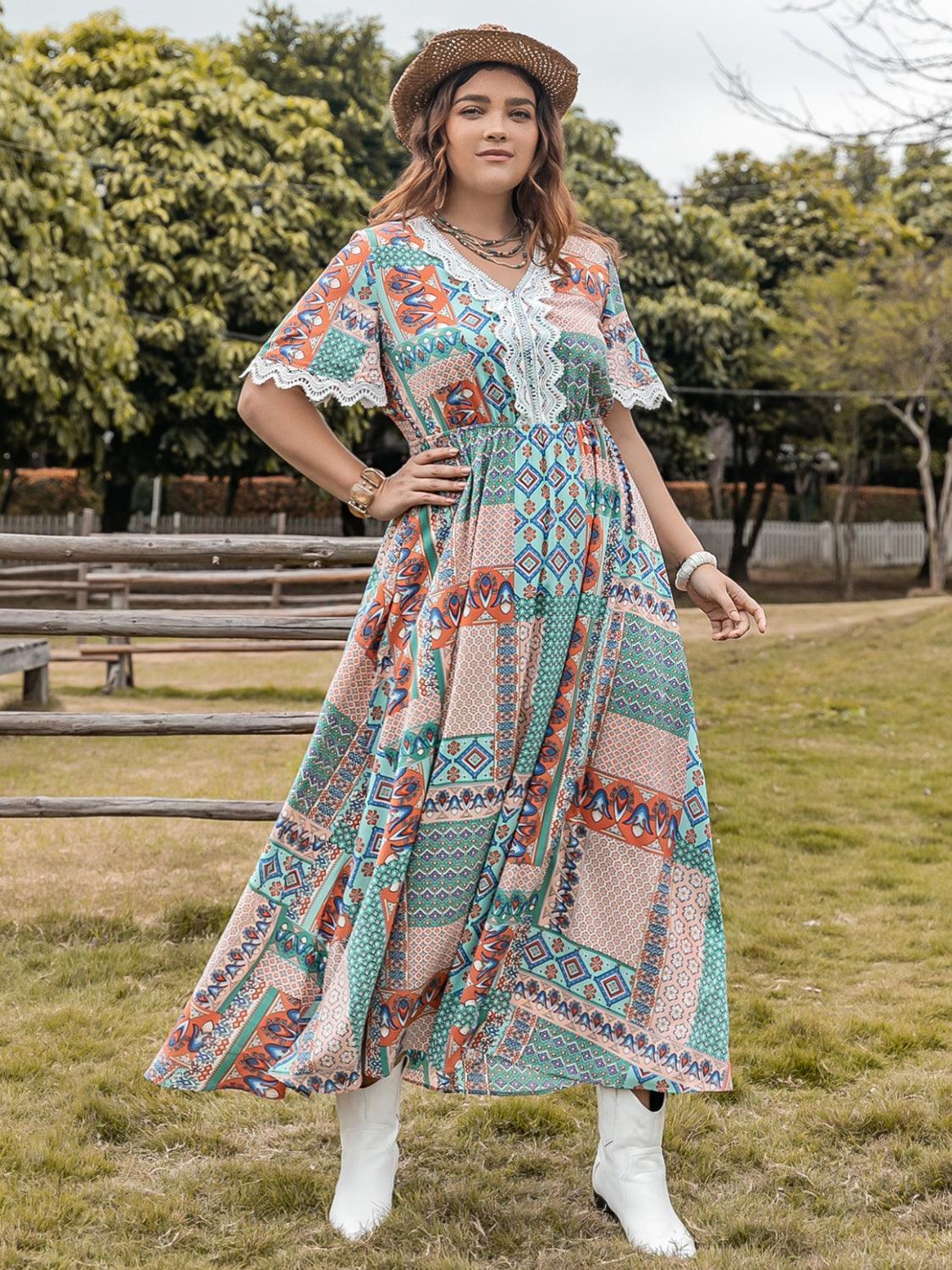 Plus Size Lace Detail Printed Half Sleeve Midi Dress - ClubOn