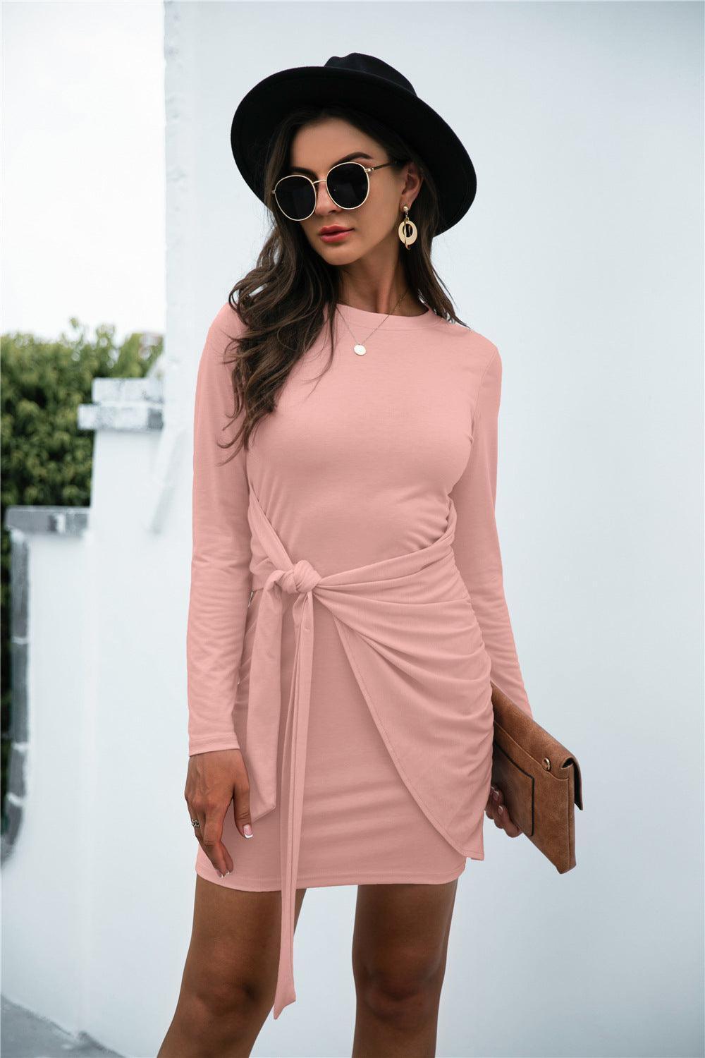 Tied Round Neck Long Sleeve Mini Dress - ClubOn