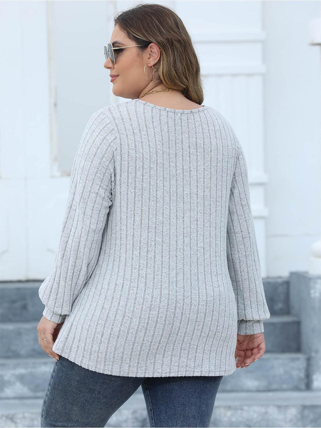 Plus Size Ribbed V-Neck Long Sleeve Top - ClubOn
