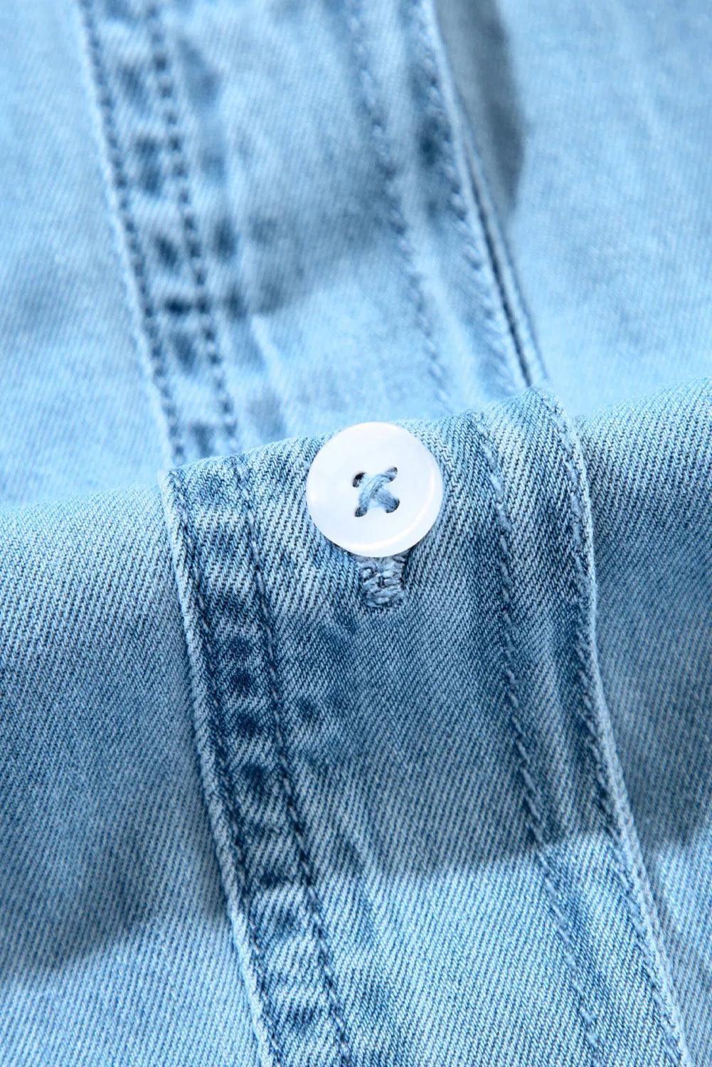 Button Up Notched Long Sleeve Denim Dress - ClubOn