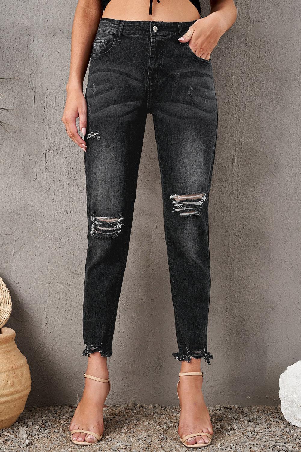 Stylish Distressed Cropped Jeans - ClubOn