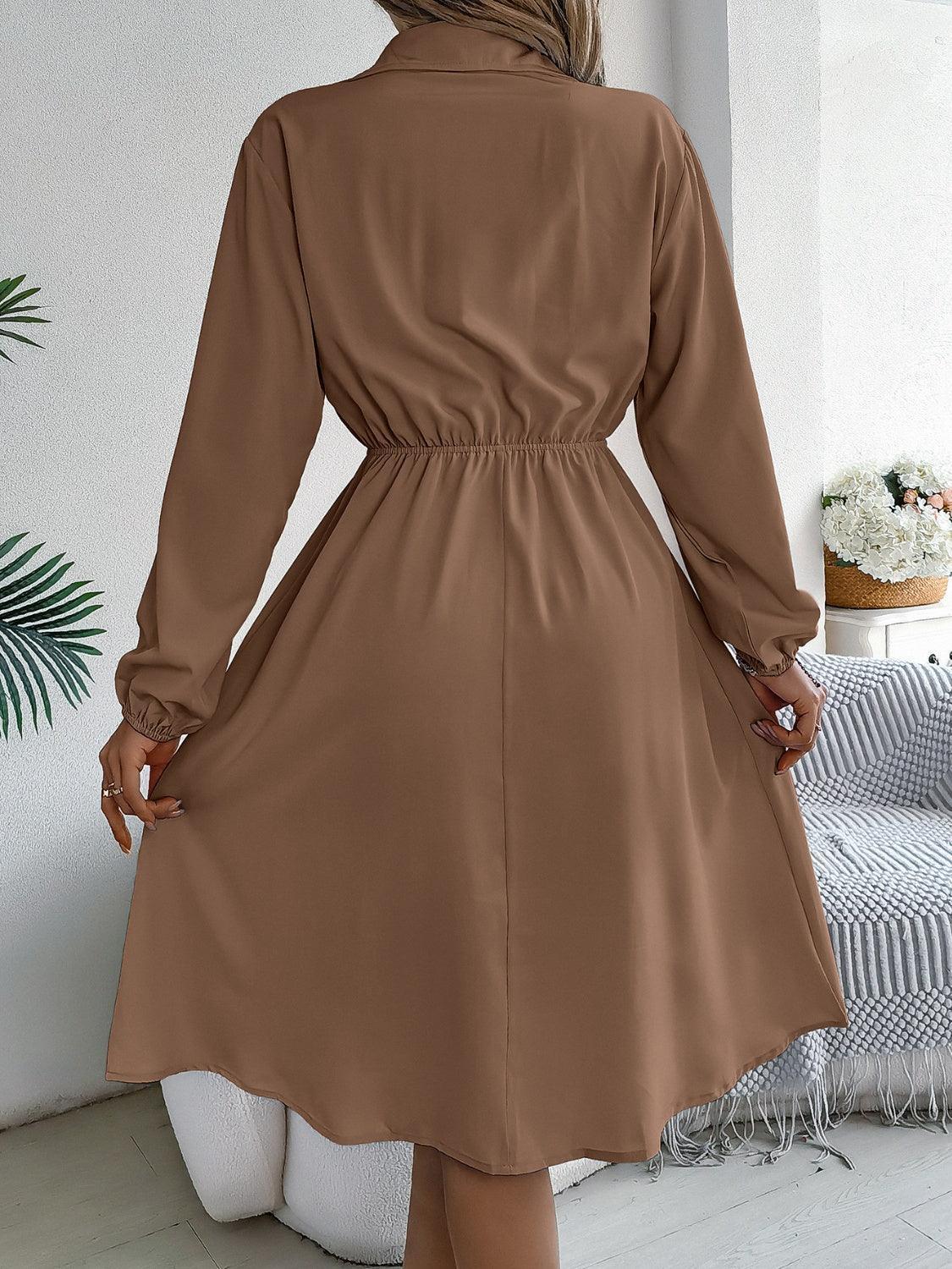 Collared Neck Long Sleeve Dress with Pockets - ClubOn
