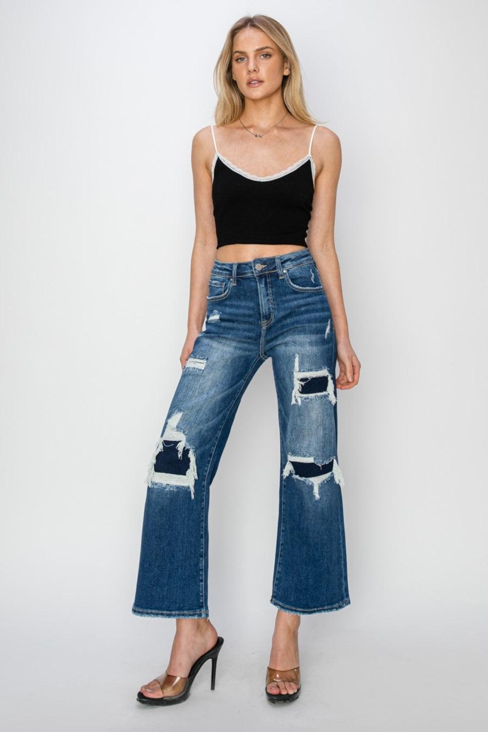 Risen Full Size High Rise Patch Detailed Wide Leg Crop Jeans - ClubOn