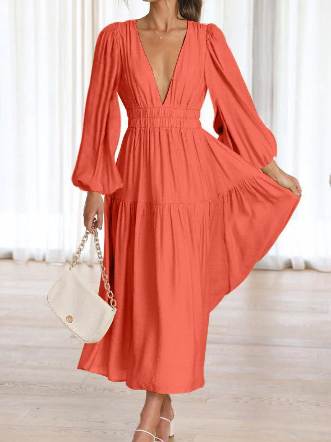 Deep V-Neck Balloon Sleeve Plain Maxi Dress - ClubOn