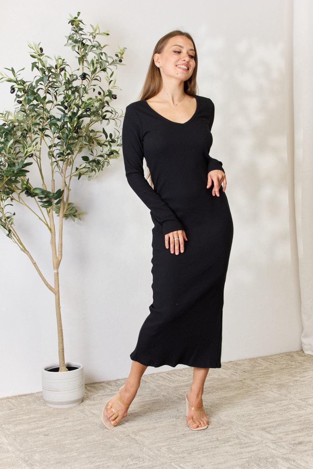 Culture Code Full Size Ribbed Long Sleeve Midi Slit Dress - ClubOn