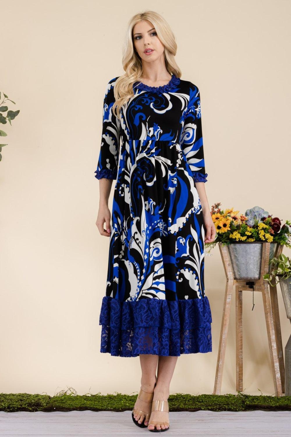Celeste Full Size Paisley Print Lace Ruffled Midi Dress - ClubOn