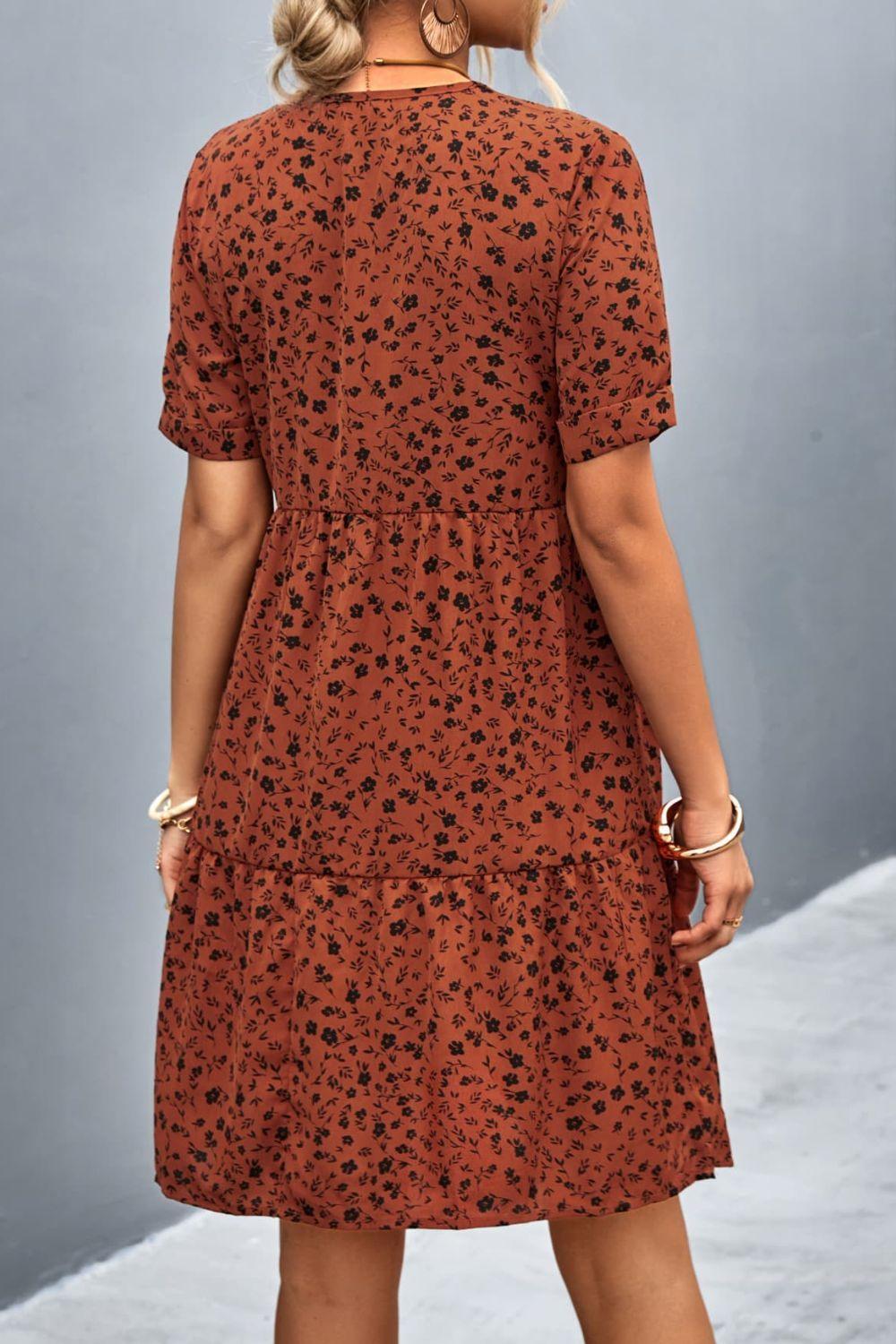 Ditsy Floral Empire Waist Plunge Short Sleeve Dress - ClubOn