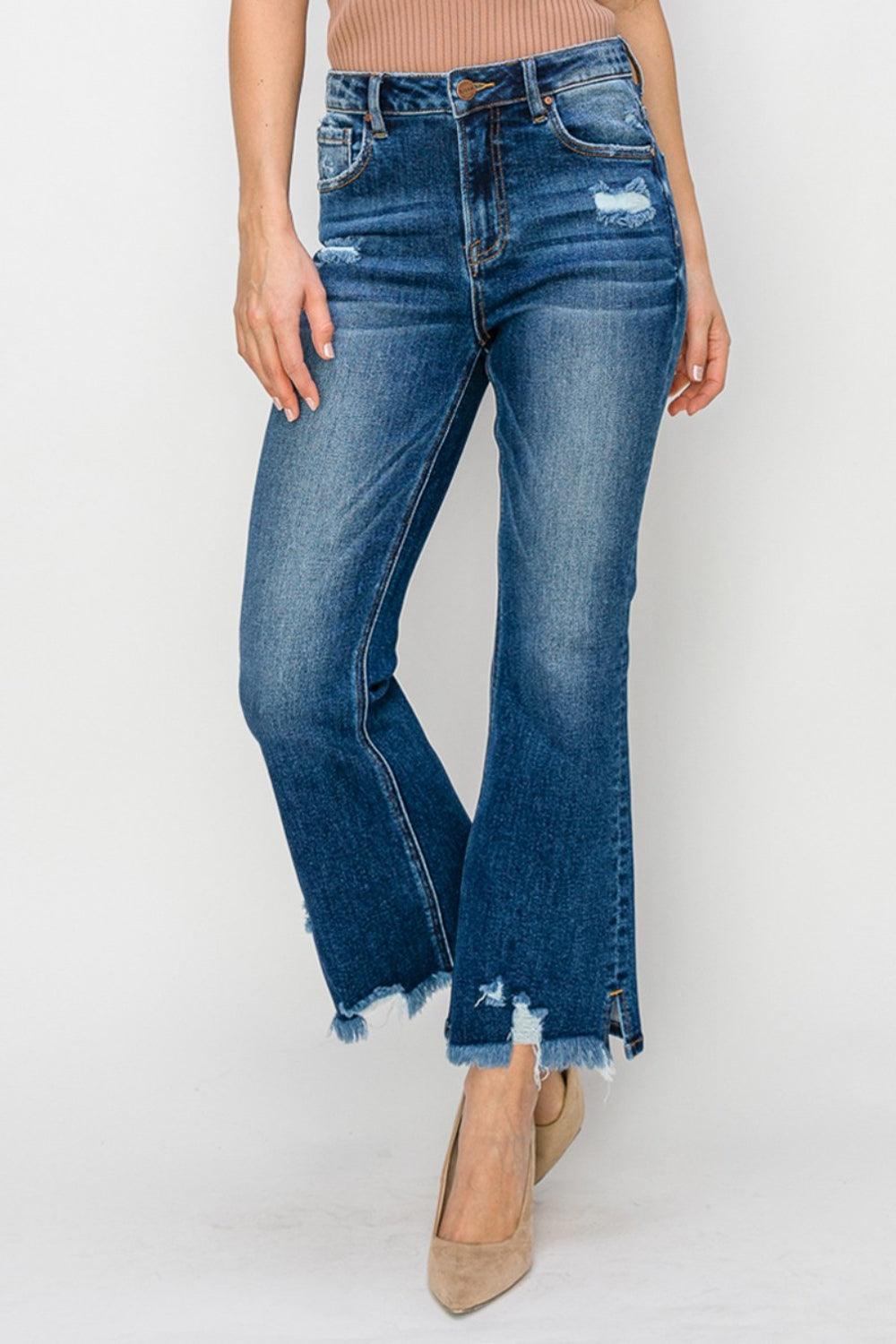 RISEN High Waist Raw Hem Flare Jeans - ClubOn