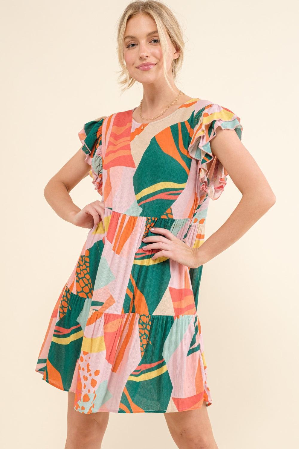 And The Why Printed Double Ruffle Sleeve Dress - ClubOn