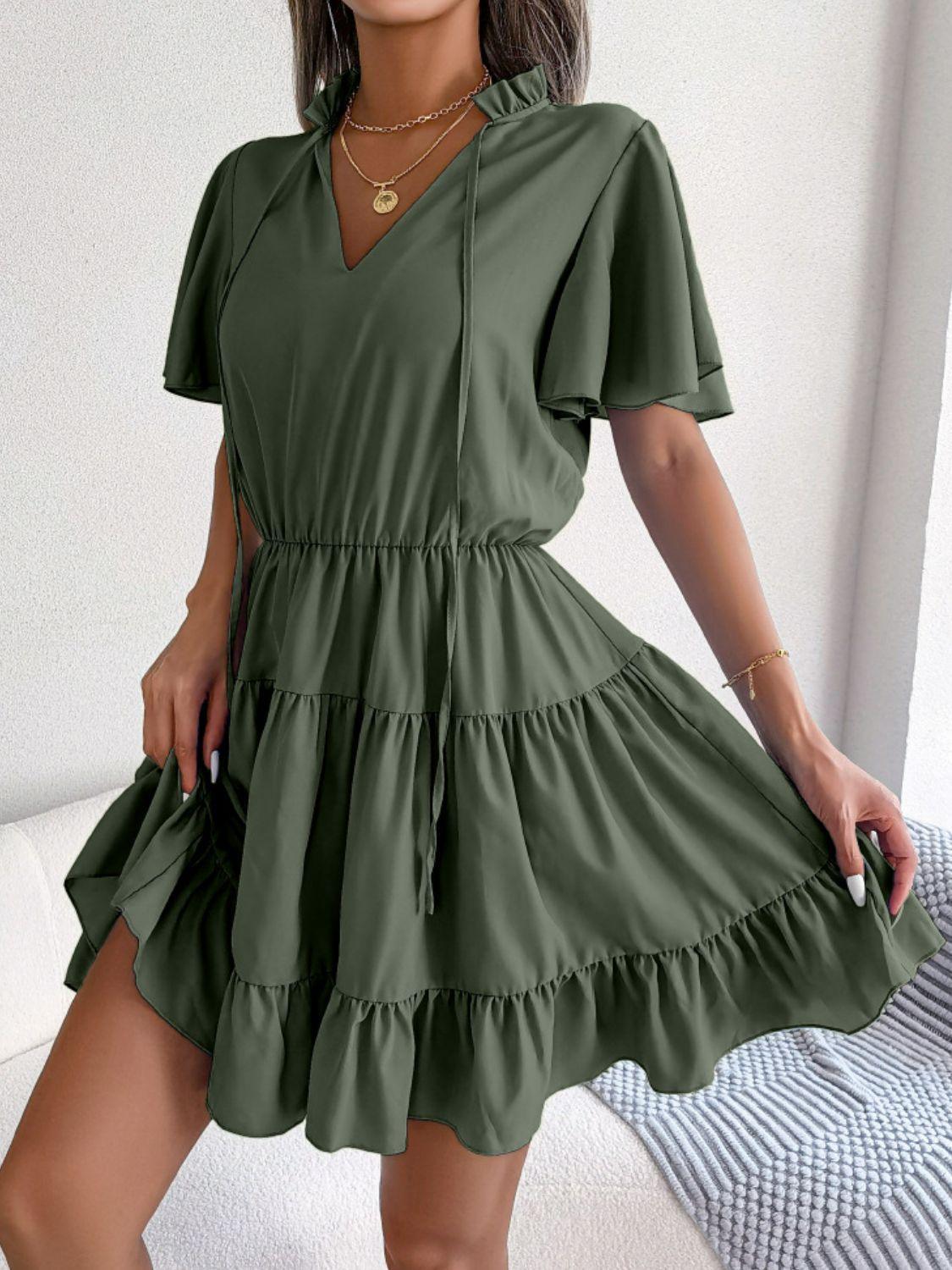 Tie Neck Tiered Flutter Sleeve Mini Dress - ClubOn