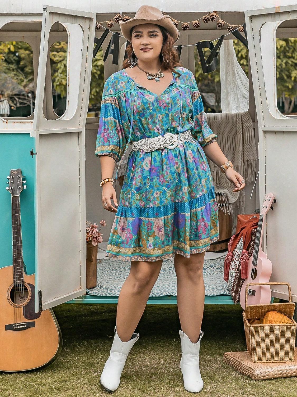 Plus Size Printed Tie Neck Mini Dress - ClubOn