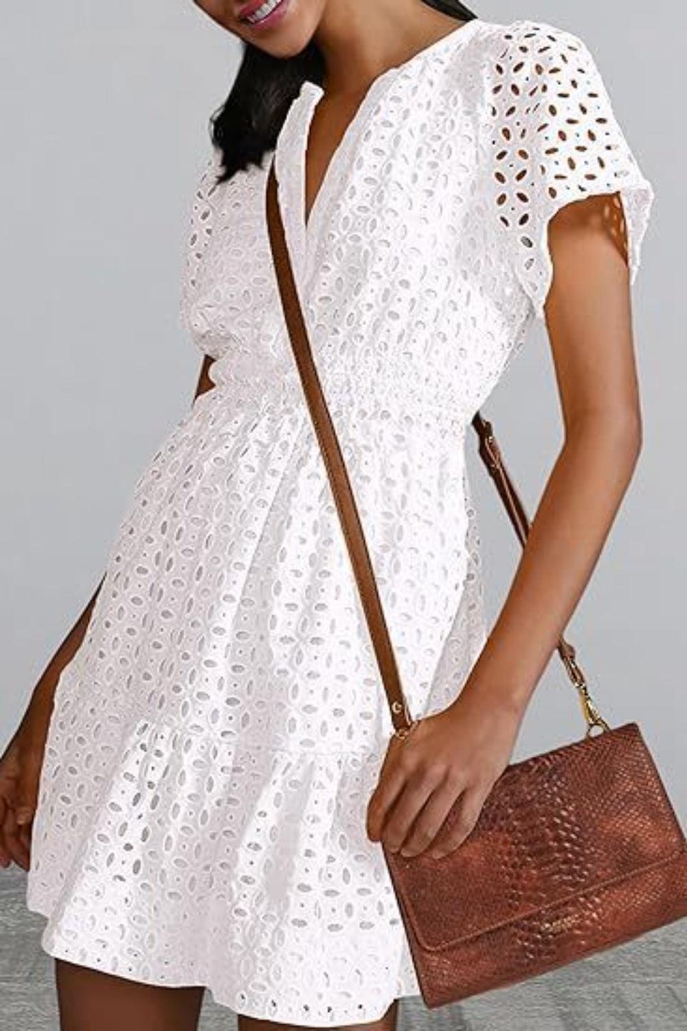 Eyelet Notched Short Sleeve Mini Dress - ClubOn