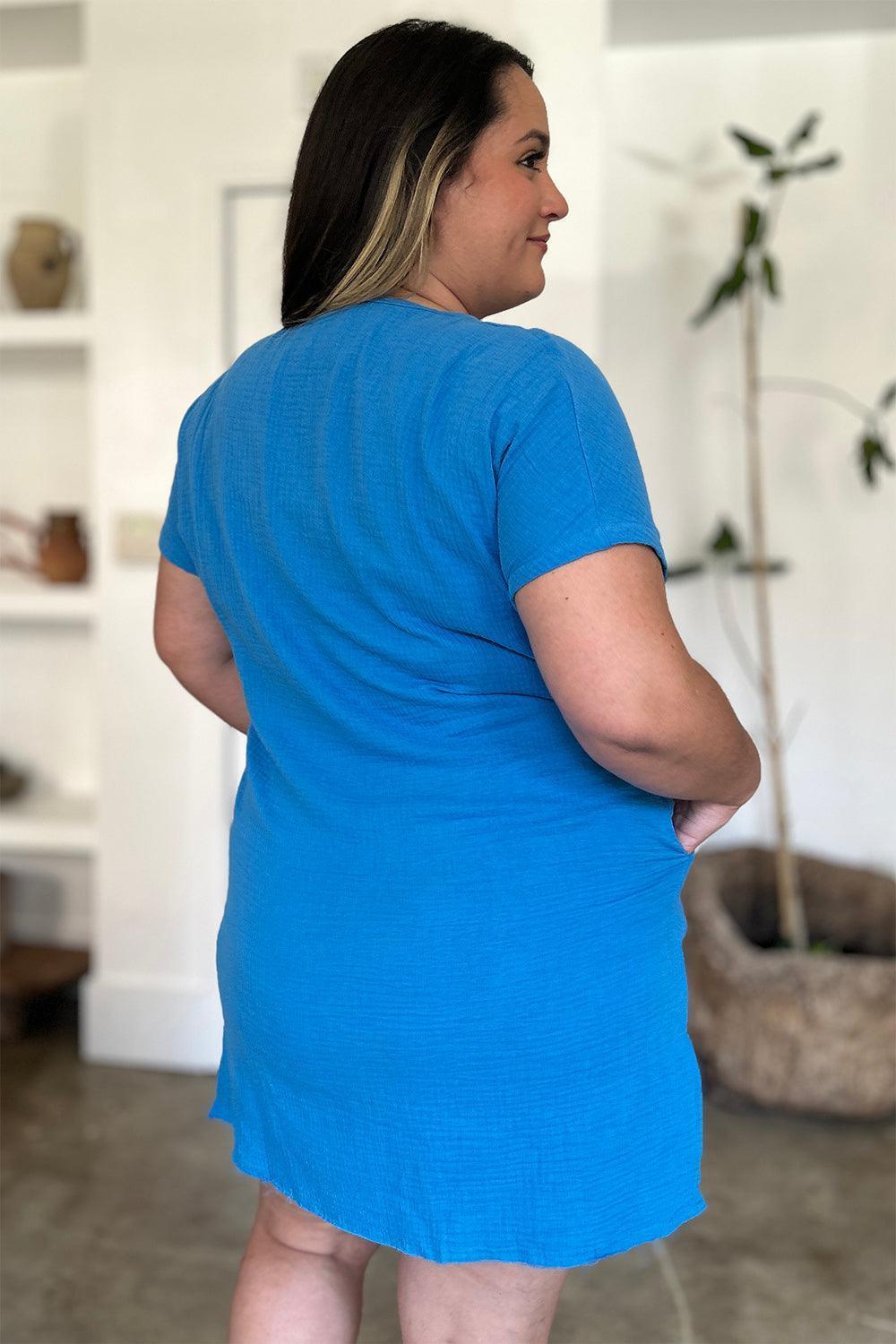 FAM-FAM Slit Notched Short Sleeve Mini Dress - ClubOn