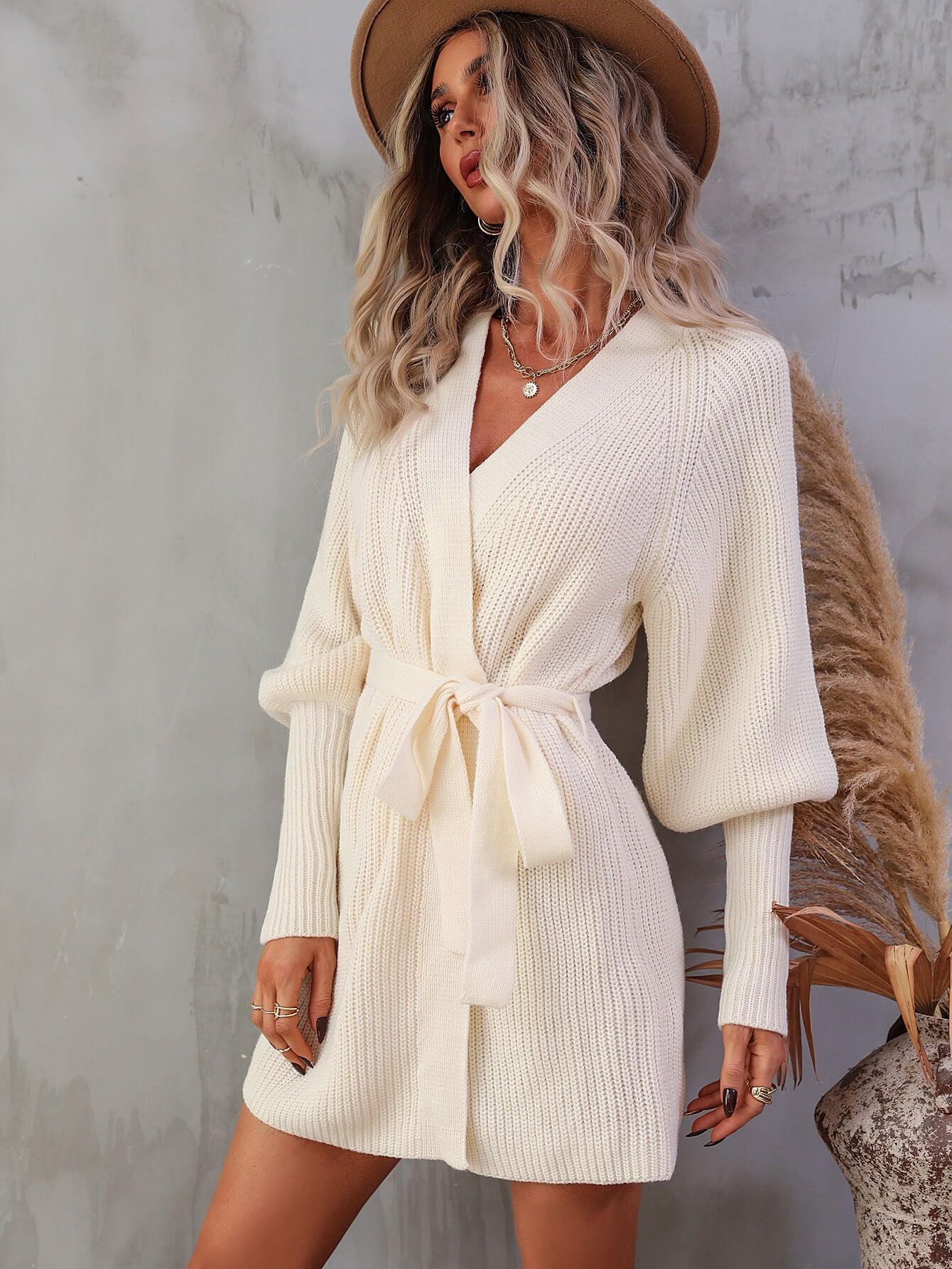 Belted Surplice Lantern Sleeve Wrap Sweater Dress - ClubOn