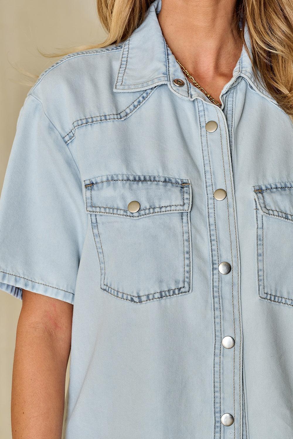 Slit Snap Down Short Sleeve Denim Top - ClubOn