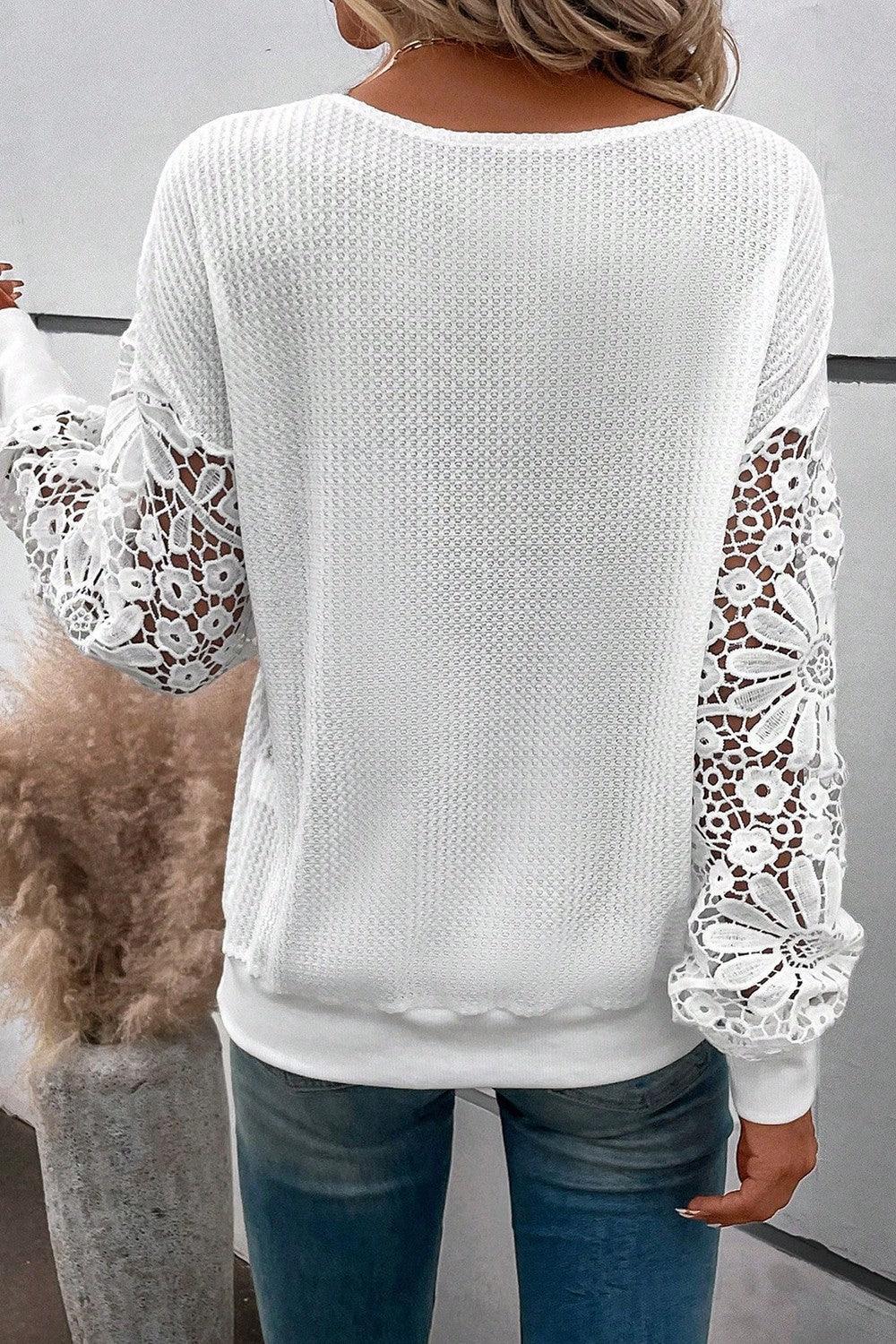 Plus Size Waffle-Knit Crochet V-Neck Blouse - ClubOn