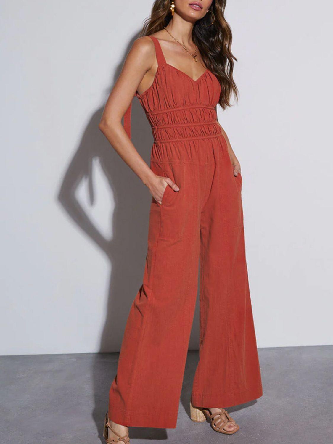 Perfee Ruched Wide Strap Jumpsuit with Pockets - ClubOn