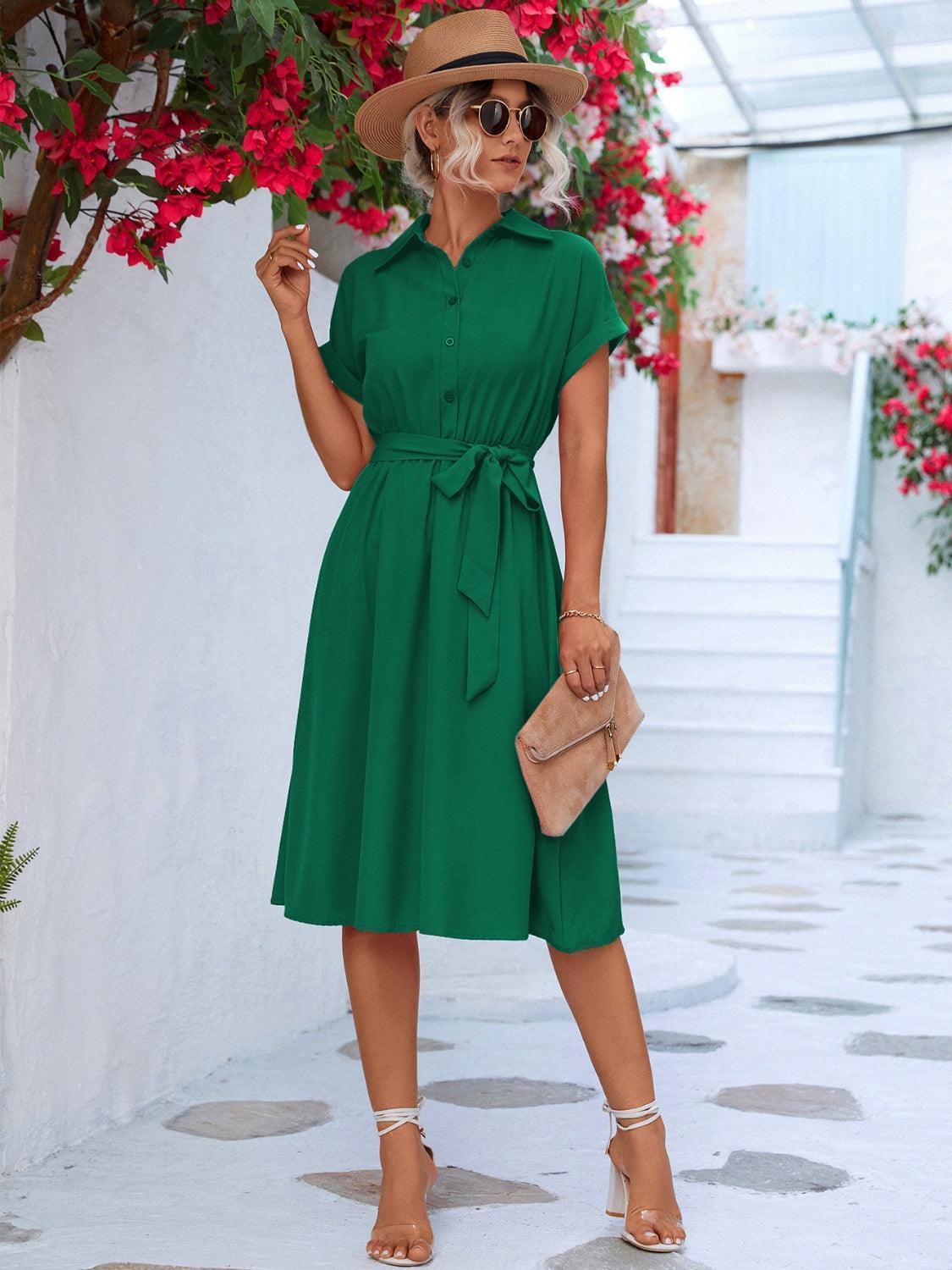 Buttoned Tie Waist Short Sleeve Dress - ClubOn
