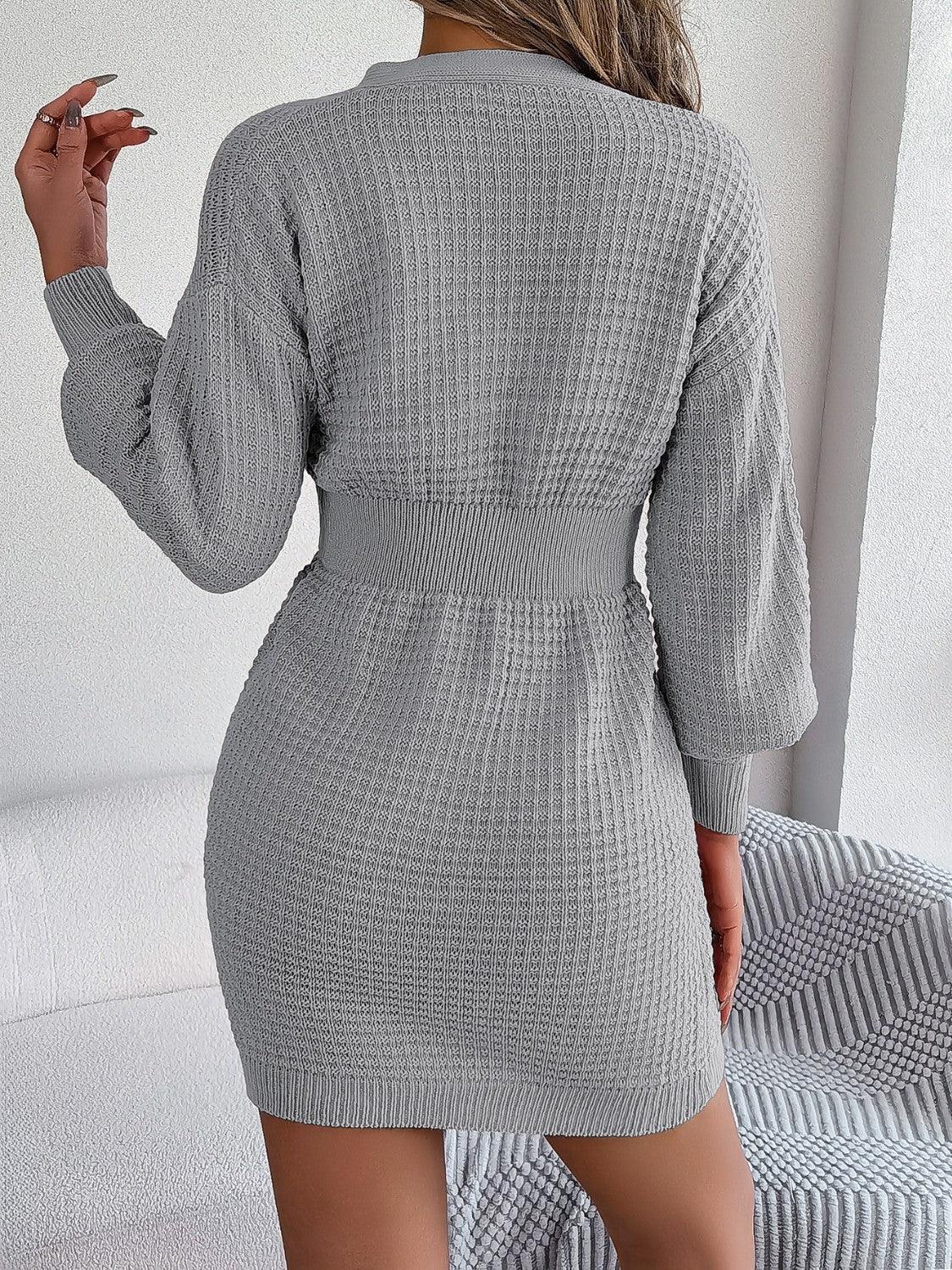 Buttoned Cable-Knit V-Neck Sweater Dress - ClubOn