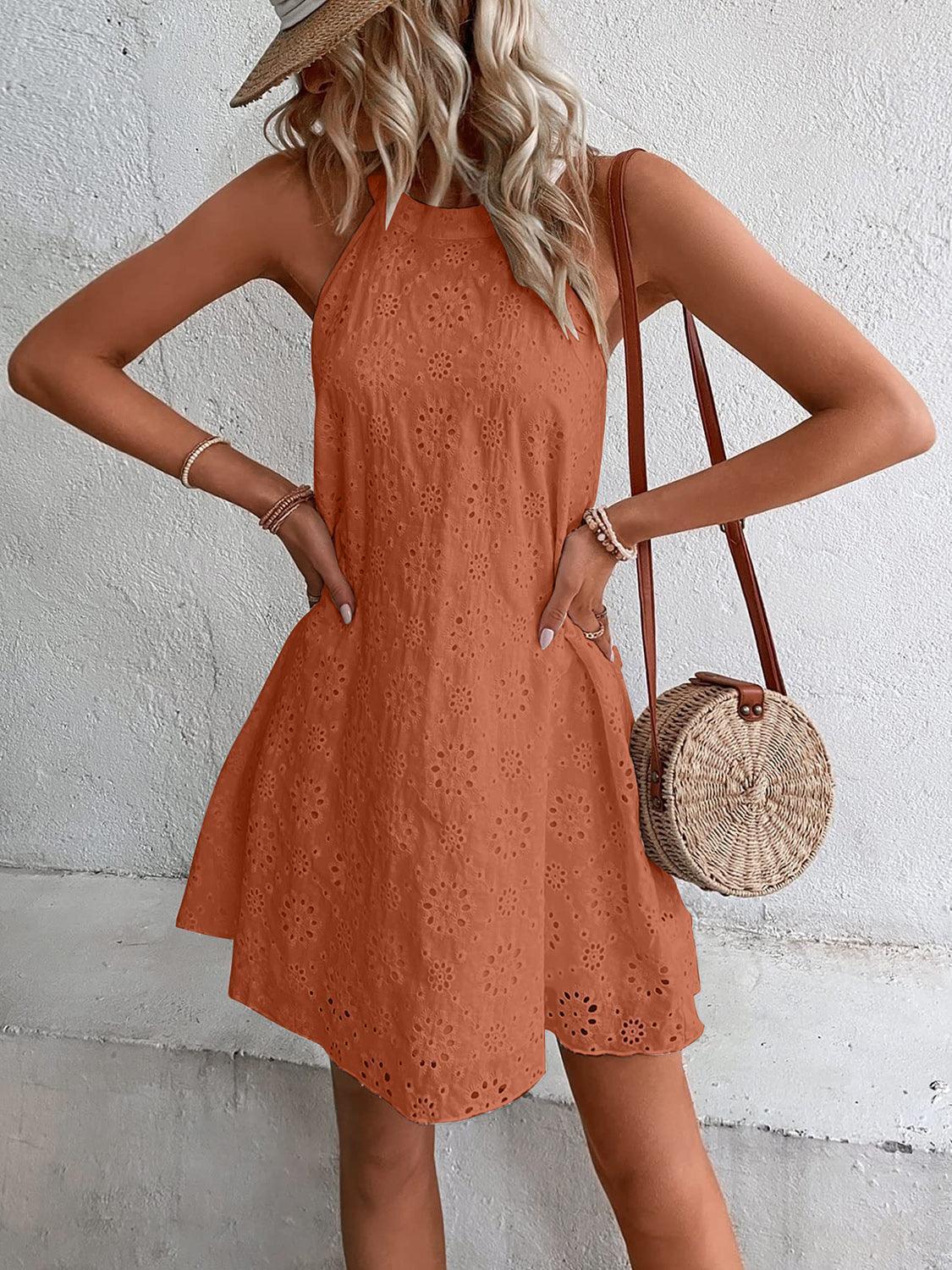 Eyelet Grecian Neck Mini Dress - ClubOn
