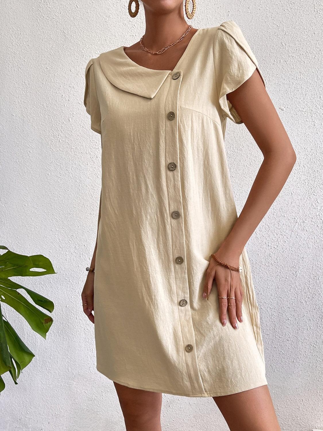 Decorative Button Asymmetrical Neck Short Sleeve Dress - ClubOn
