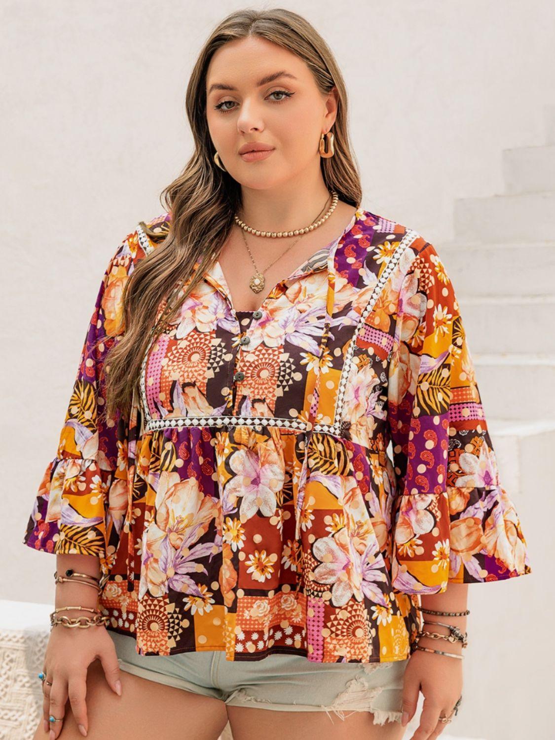 Plus Size Printed Tie Neck Blouse - ClubOn