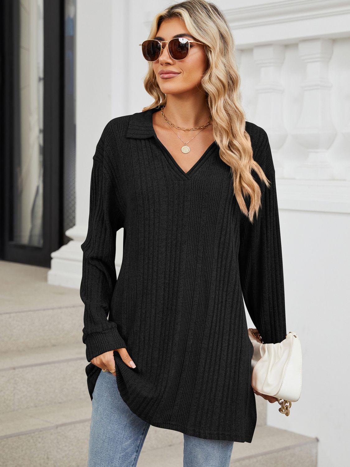 Slit Johnny Collar Long Sleeve T-Shirt - ClubOn