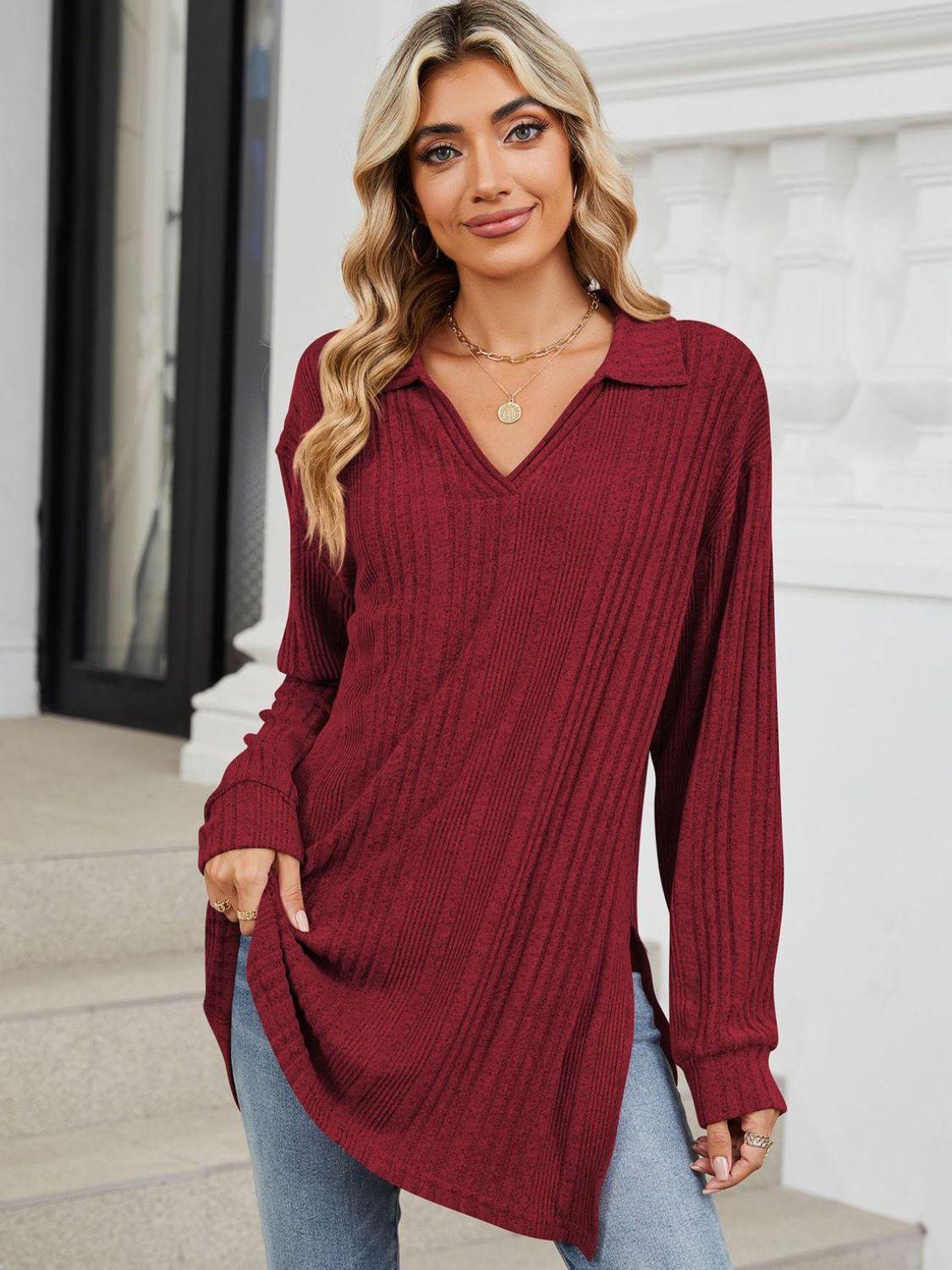 Slit Johnny Collar Long Sleeve T-Shirt - ClubOn