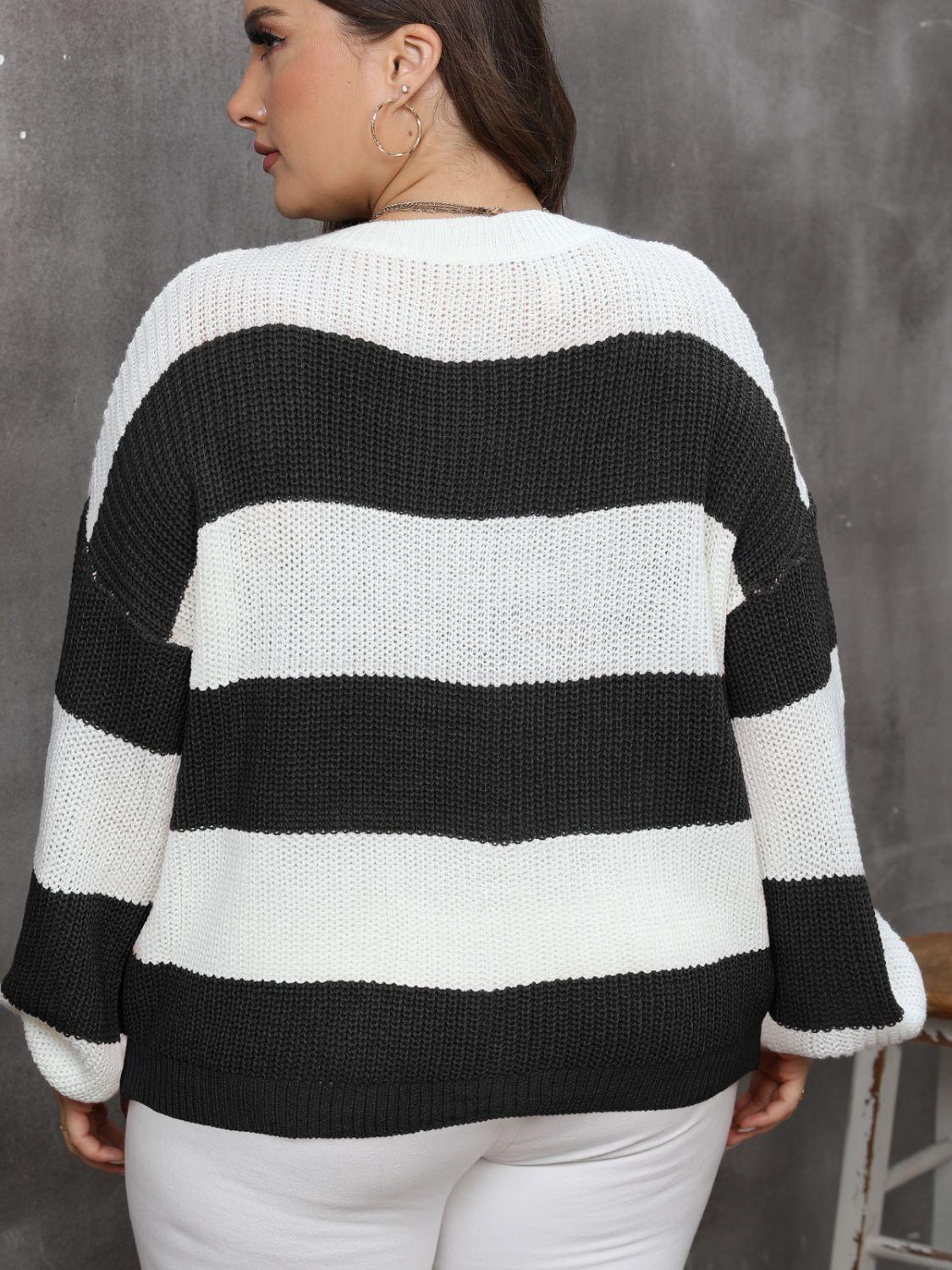 Plus Size Striped Round Neck Long Sleeve Sweater - ClubOn