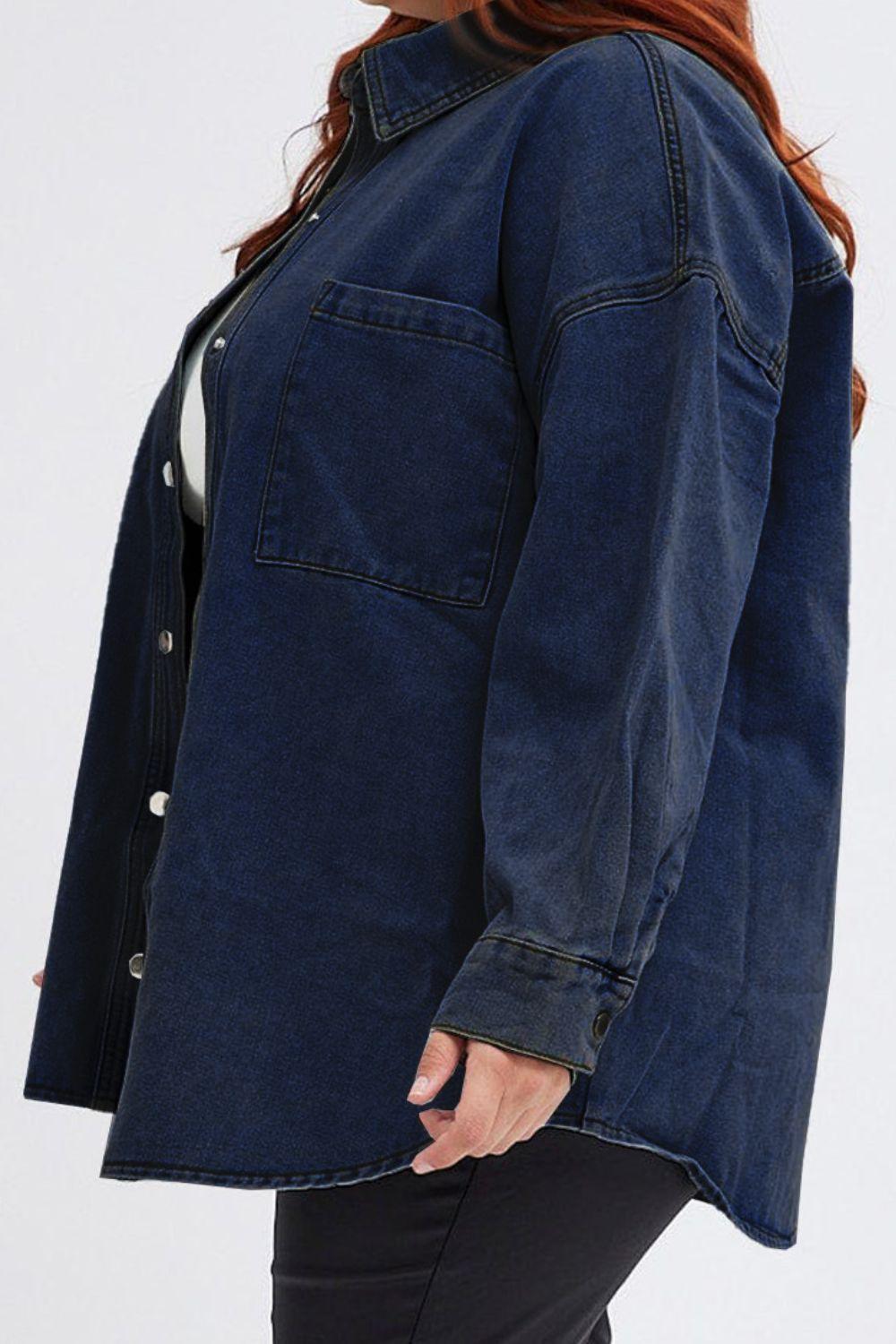 Plus Size Snap Down Pocketed Denim Jacket - ClubOn