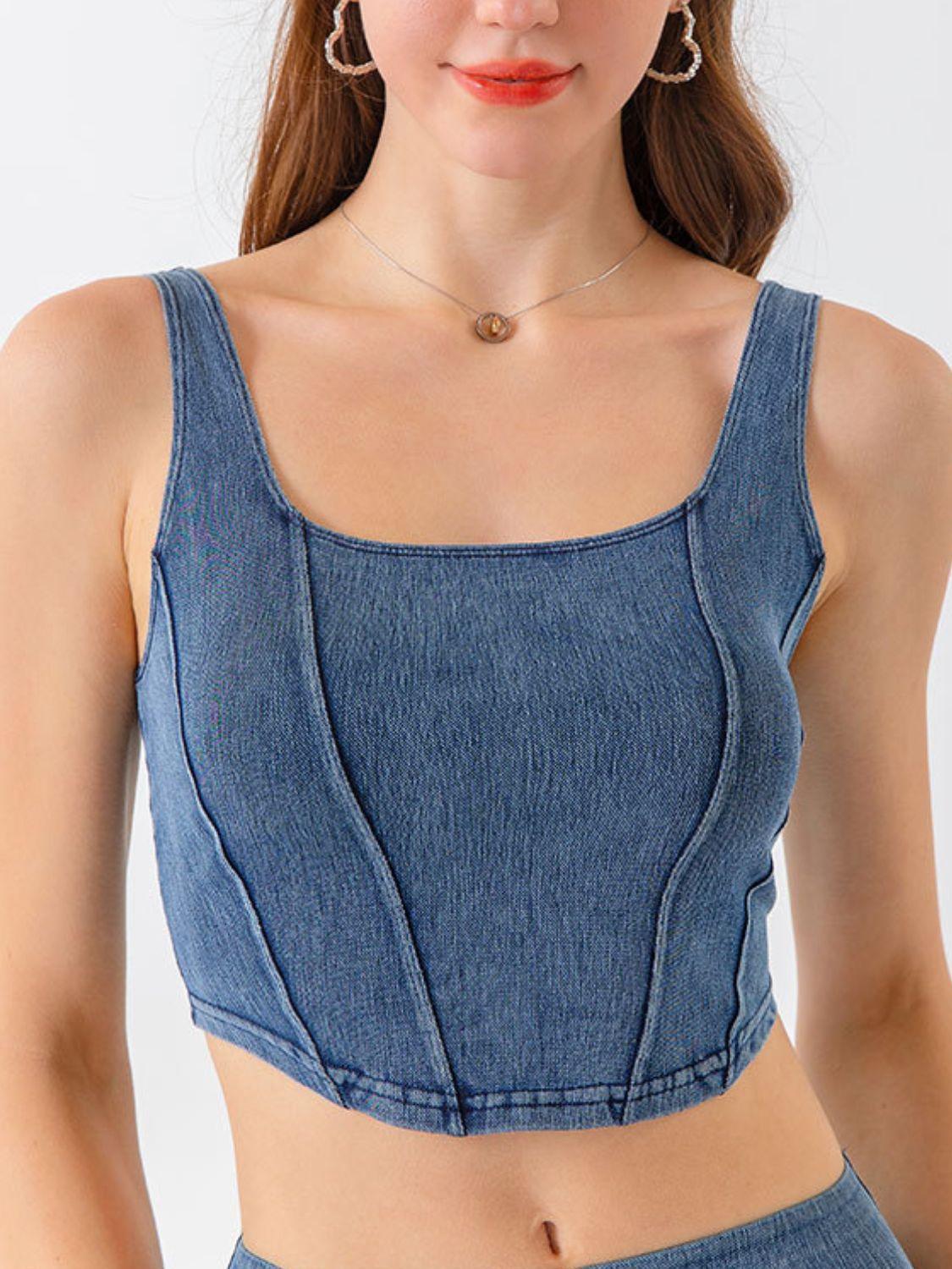 Seam Detail Cropped Denim Tank - ClubOn