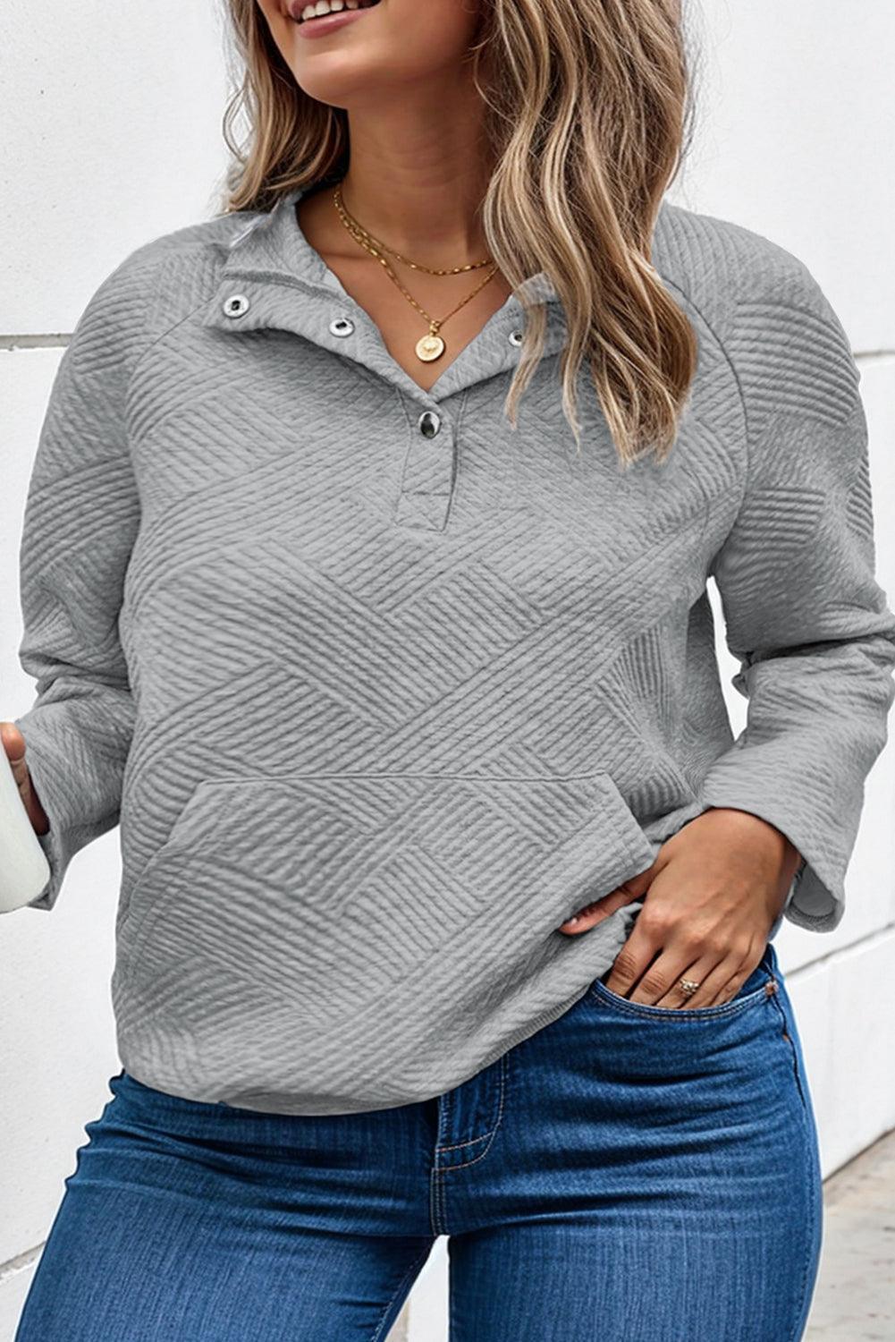 Plus Size Texture Half Snap Long Sleeve Sweatshirt - ClubOn