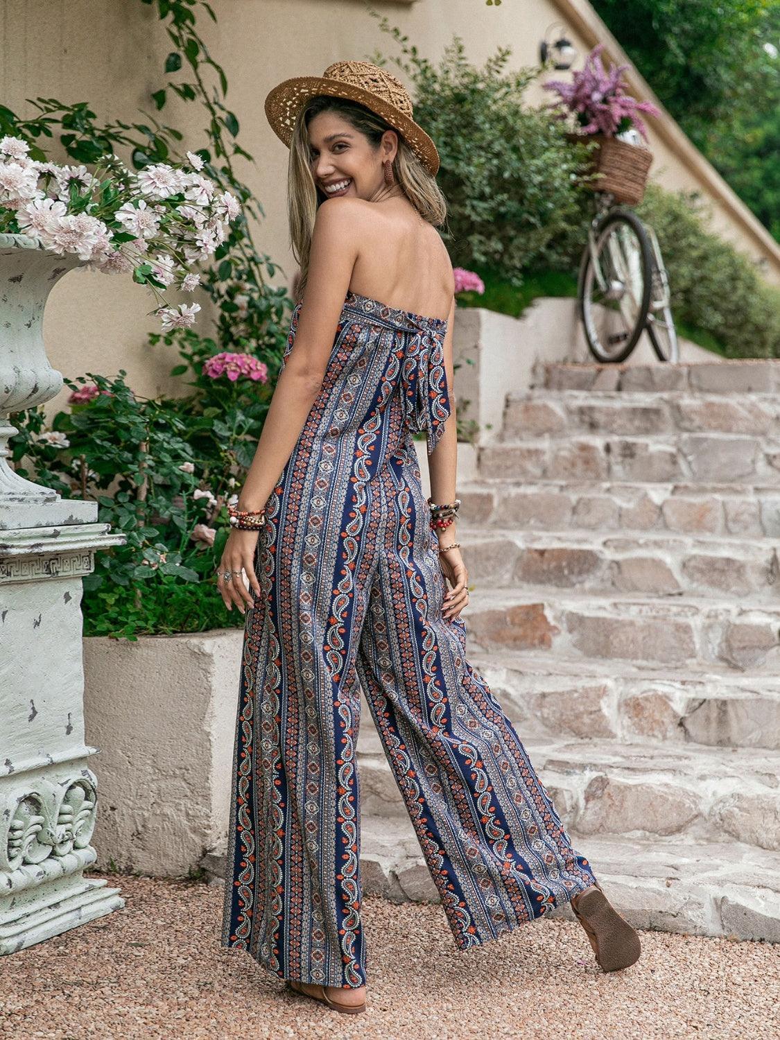 Tied Printed Tube Wide Leg Jumpsuit - ClubOn