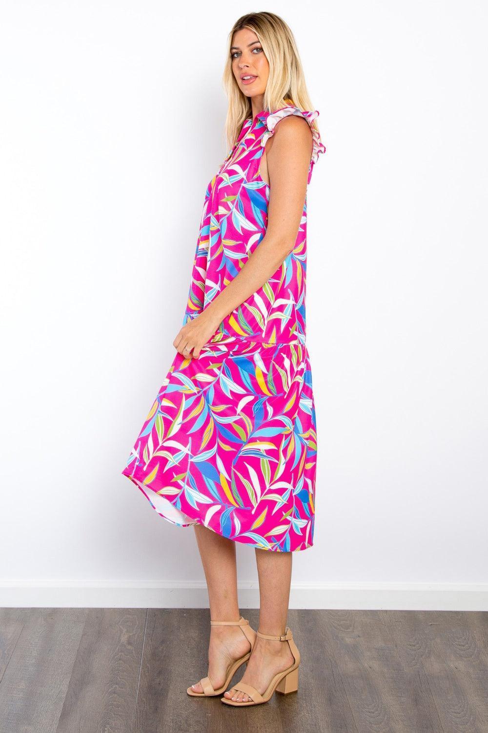 Be Stage Print Ruffled Midi Dress with Pockets - ClubOn